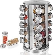 Tray Spice Jar Rack Revolving Rotating Countertop, Spice Organizer, Seasoning Set, Spice Carousel Stainless Steel Stand Storage Holder with Glass Bottle for Kitchen, Hotel, Tiered Shelf (Silver-20)