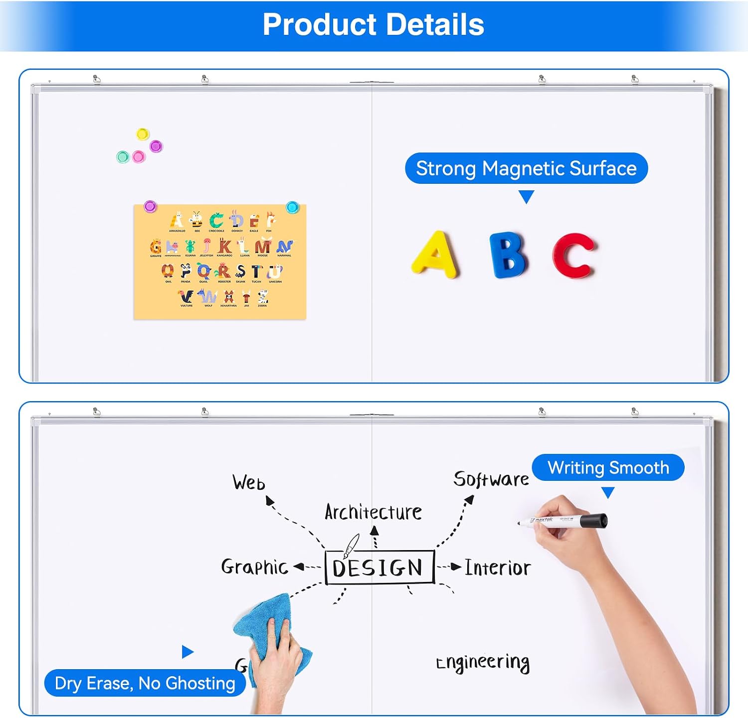 Magnetic White Board Dry Erase Board for Wall，48" x 46" (4ft x 3ft) Wall-Mounted Aluminum Frame Marker Board, Foldable Portable Whiteboard with a Long Pen Tray for School, Classroom, Office & Home