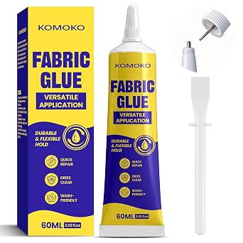 Komoko Fabric Glue Permanent 2.02 Fl Oz, Fabric Glue for Clothing, Patches, Denim, Polyester, Fabrics, Doll Repair, Flannel, Cotton, Multipurpose Clear Glues, Tacky Glues