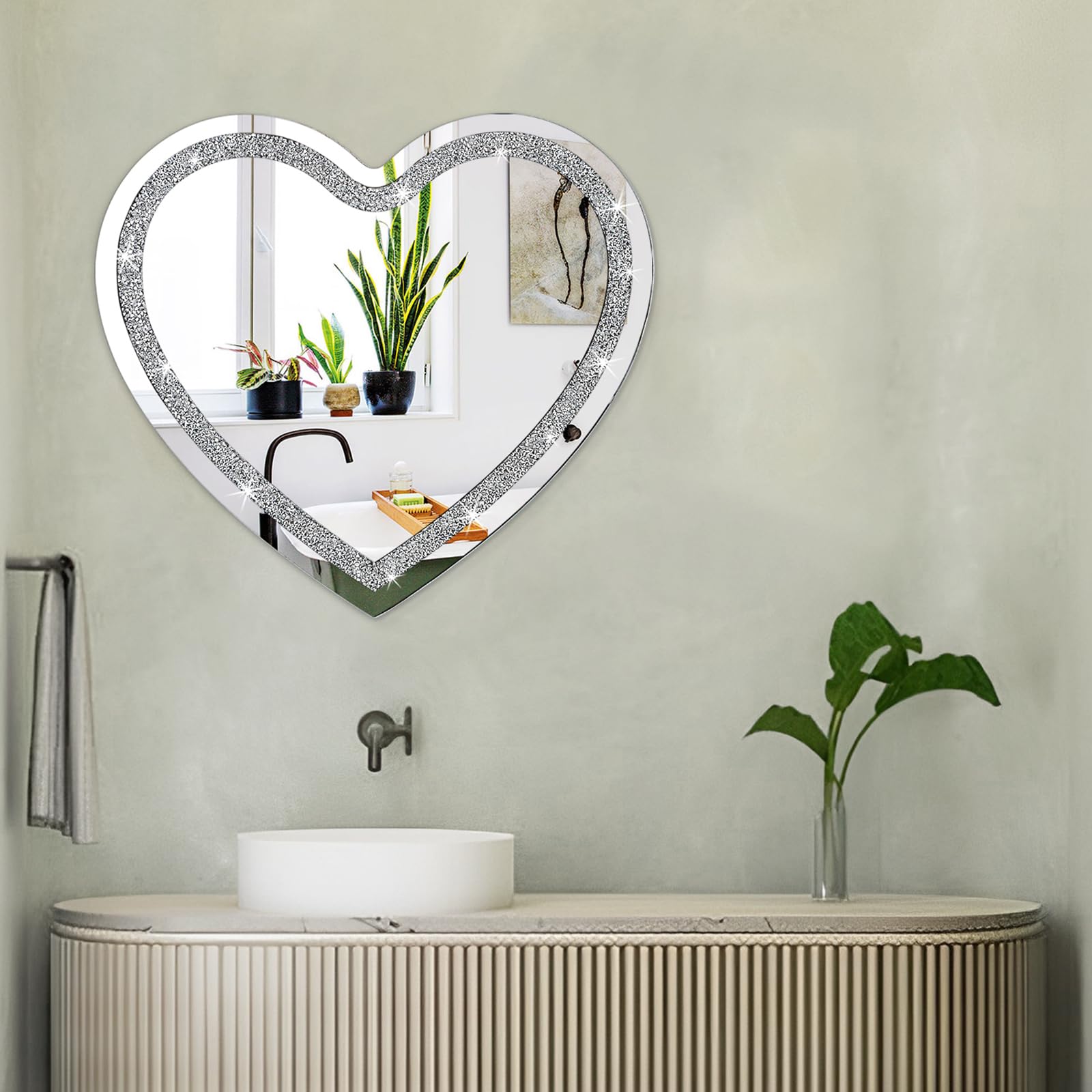 Specchio da Parete in Cristallo Argento con Bling Senza Cornice Specchi per Parete a Diamante Decorativi per Casa, Camera da Letto, Bagno, Ingresso, Corridoio Specchio da Appendere 50x50cm