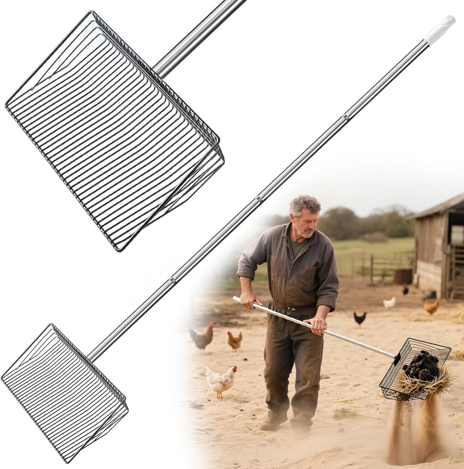10inch Chicken Poop Scooper for Sand Sifting Shovel , 35 to 60" Long Chicken Coop Litter Scoop , 4-in-1 Detachable Tool , Heavy Duty Coop Scoopfor Chicken Coop/Goat Stall/Stable Cleaning Accessories
