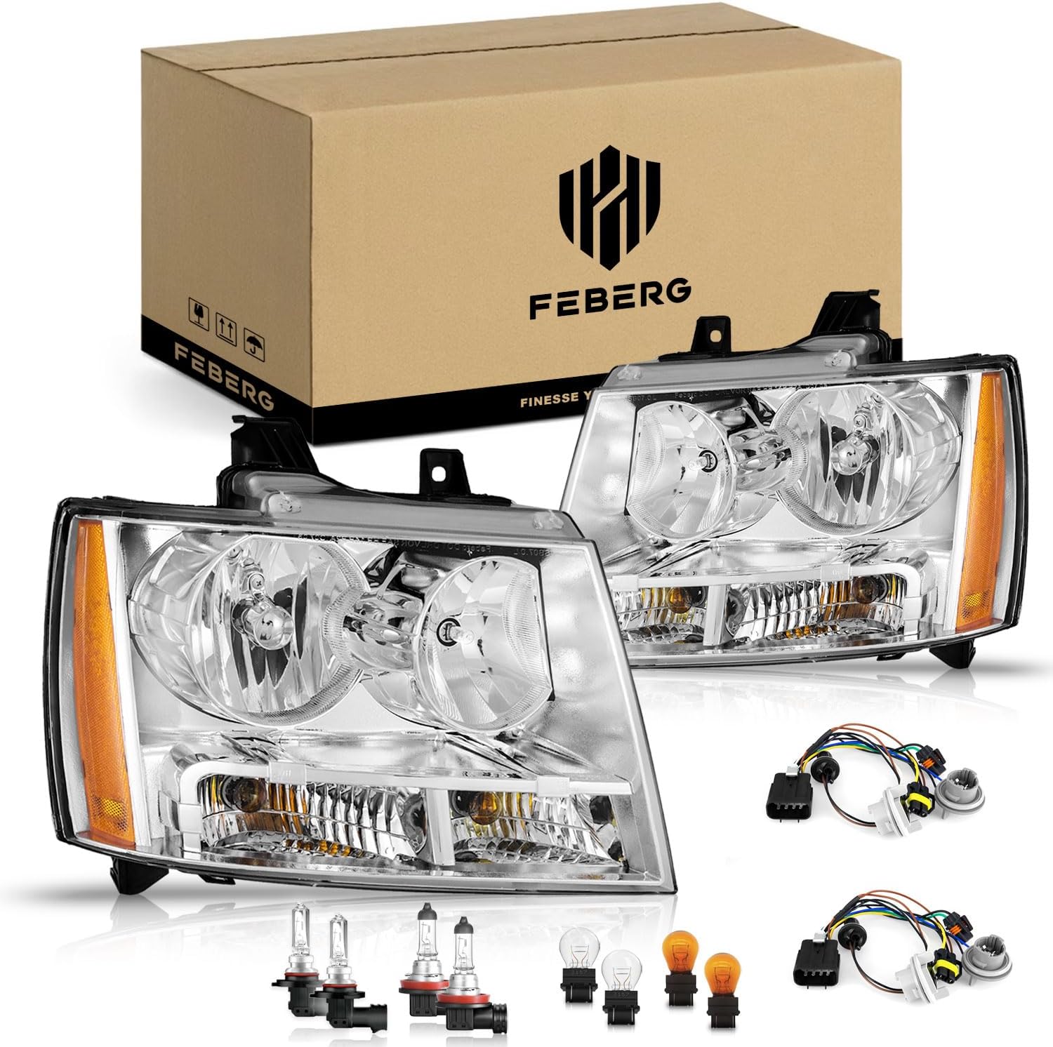 [OE Style Anti-Yellowing Headlight for 2007-2013 Avalancha/Suburban 2500, 2008-2013 Tahoe Hybrid, 07-14 Tahoe 1500, 2012-2014 Tahoe SSV Headlamp Chrome Housing Clear Left+Right Side