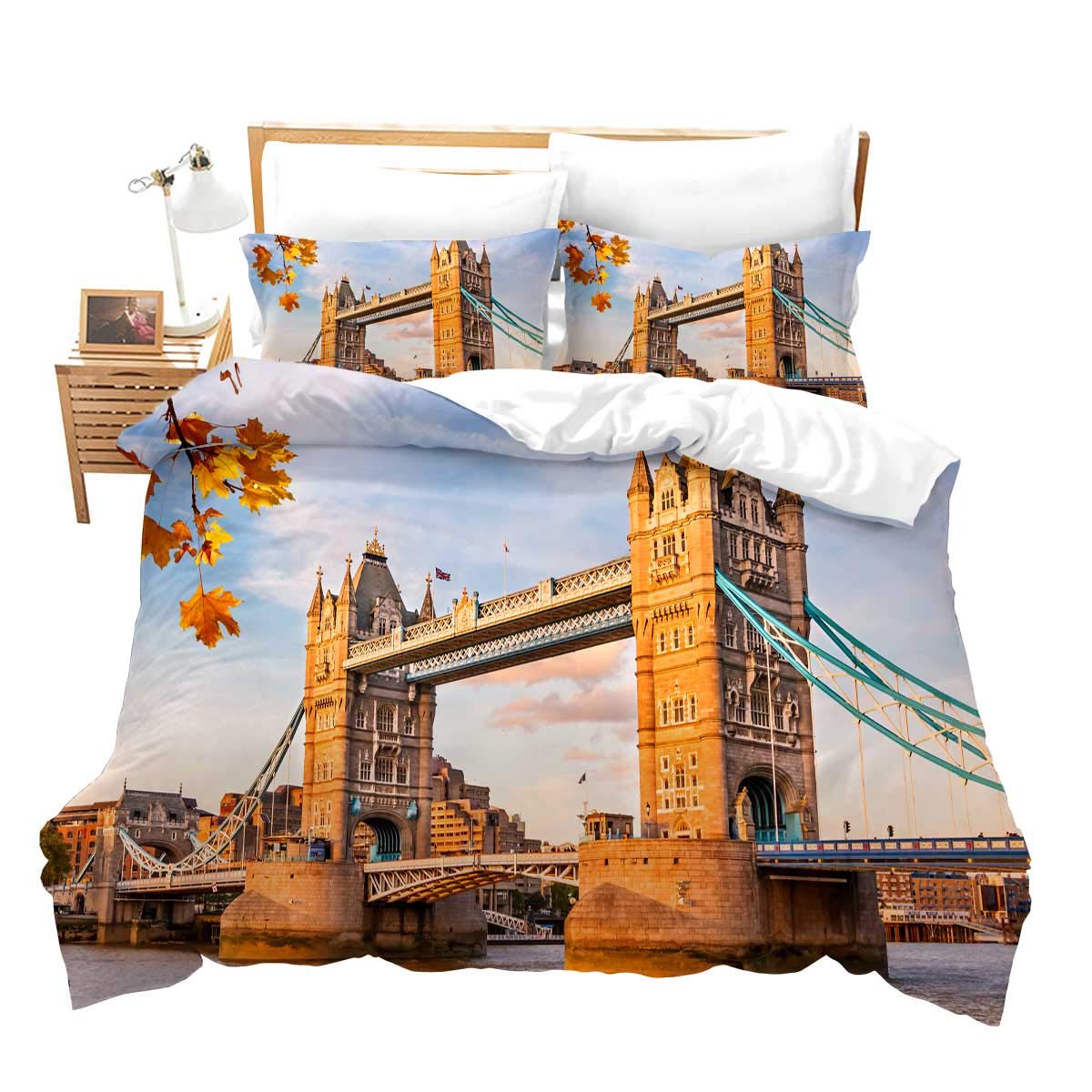 Housse de couette 3D bleu Londres lit double entretien facile