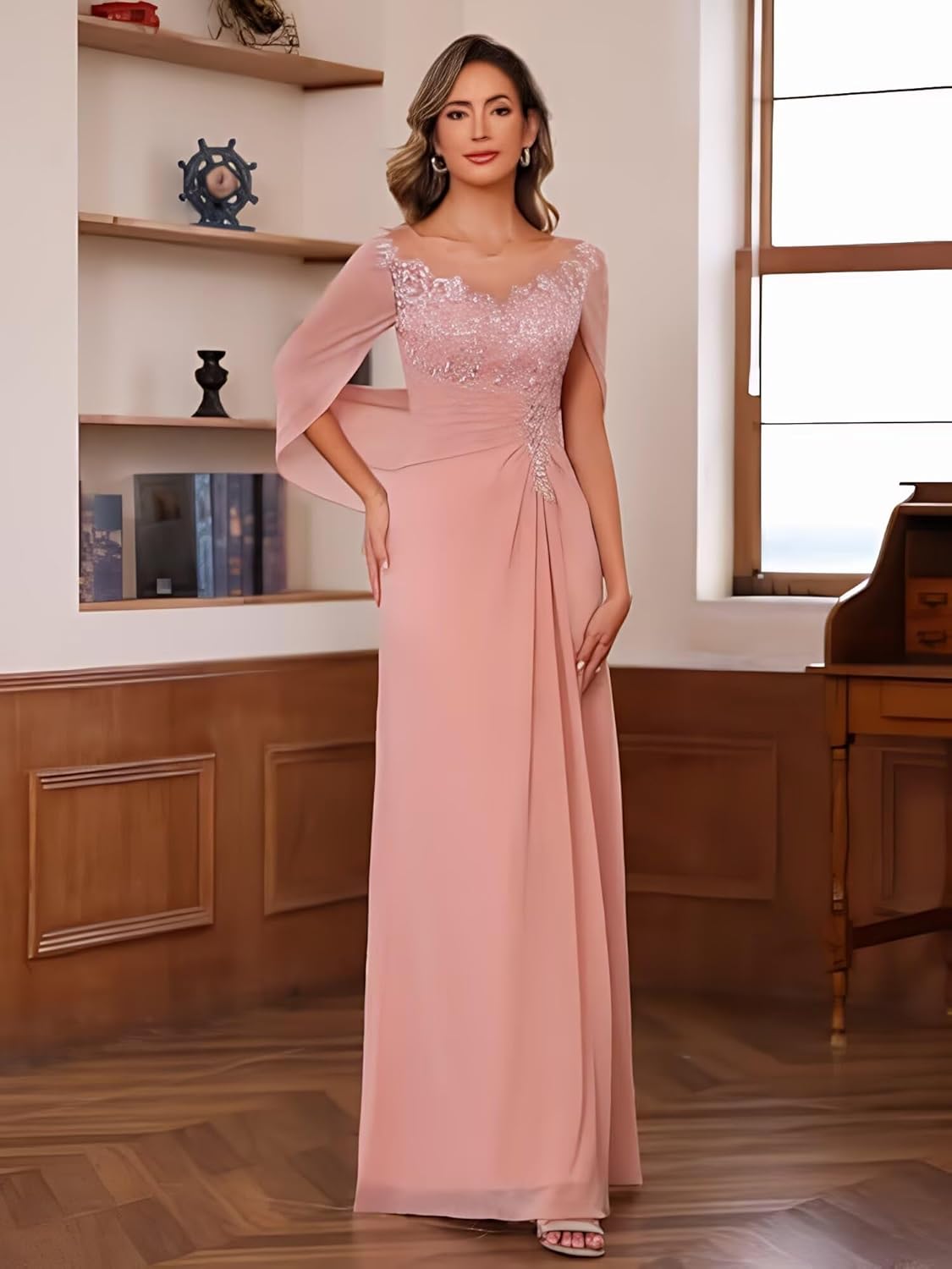 Lace Mother of Bride Dresses - Chiffon Long Mother of The Bride Dress Cape Sleeve Scoop Neck Formal Evening Gown - Image 5