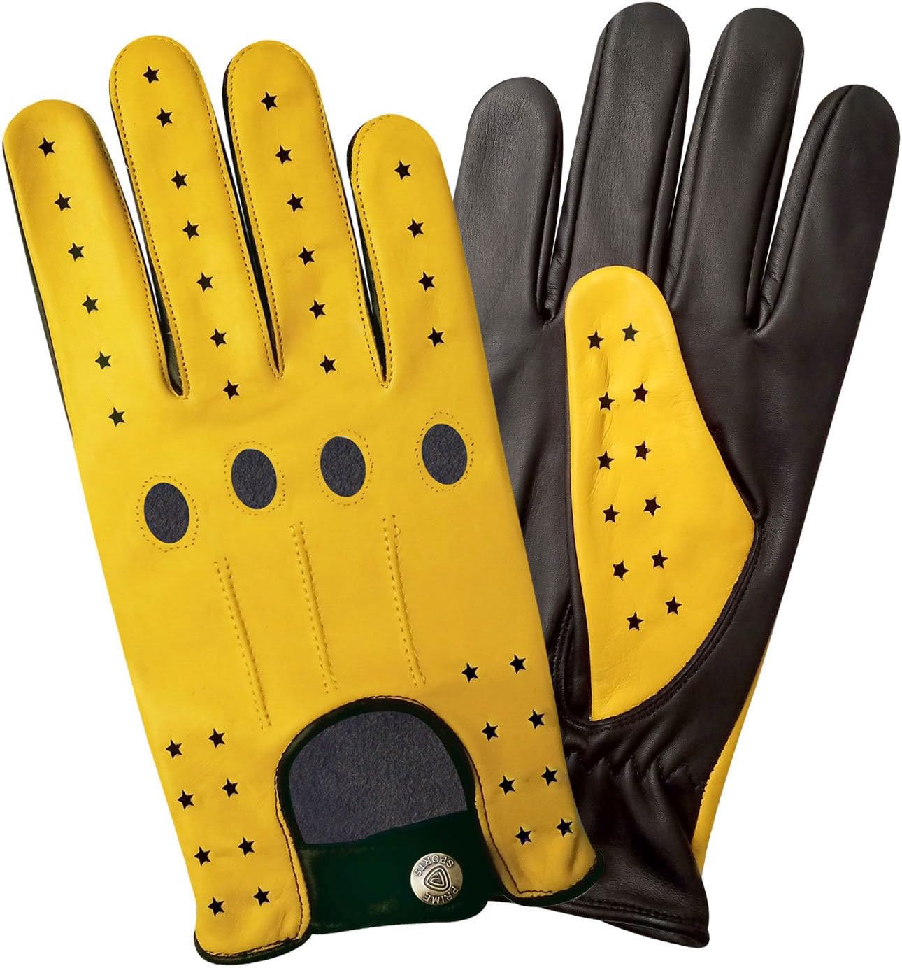 Men's Classic Genuine Cow Nappa Leather Motorbike Dress Fashion Driving Gloves Star Red, Yellow, Tan 507 (507 Yellow Star, L)