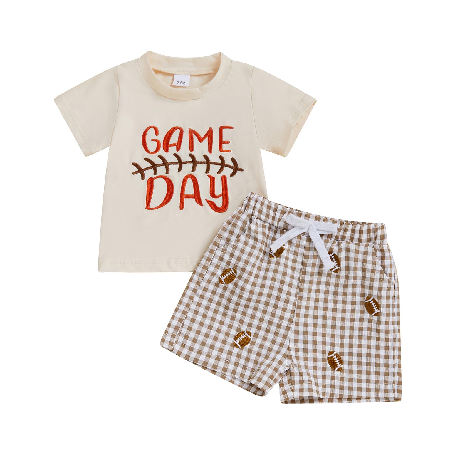 Ayalinggo Toddler Boy Football Outfits Rugby Game Day Short Sleeve T-shirt Tops Plaid Shorts Sets Cute Infant Summer Clothes (Khaki, 0-6 Months)