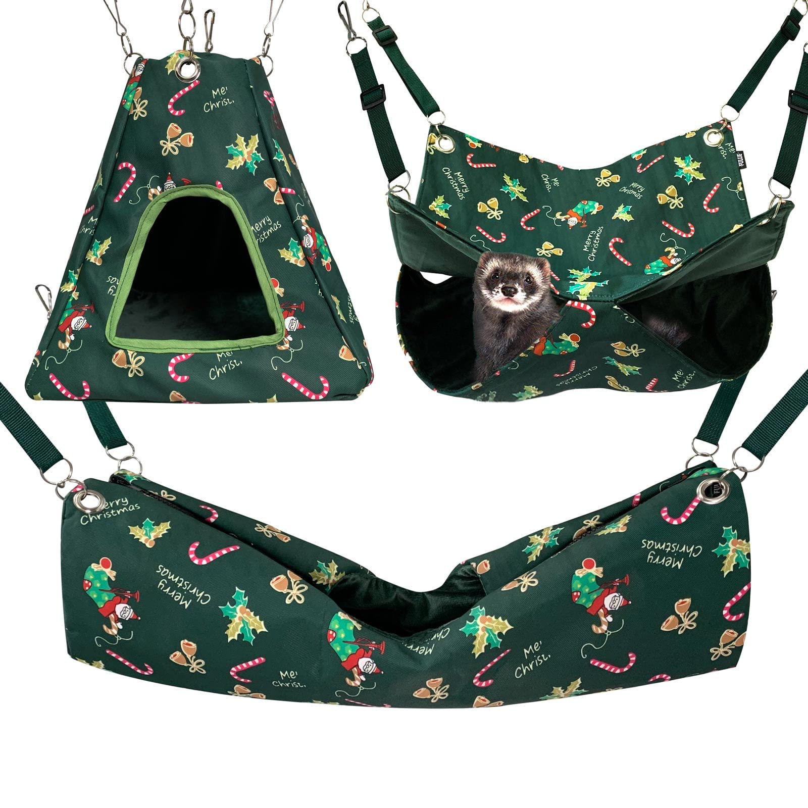 Set di accessori per amaca per ratti di furetto per piccoli animali domestici, decorazioni per gabbia per furetti, ratti (Natale verde)