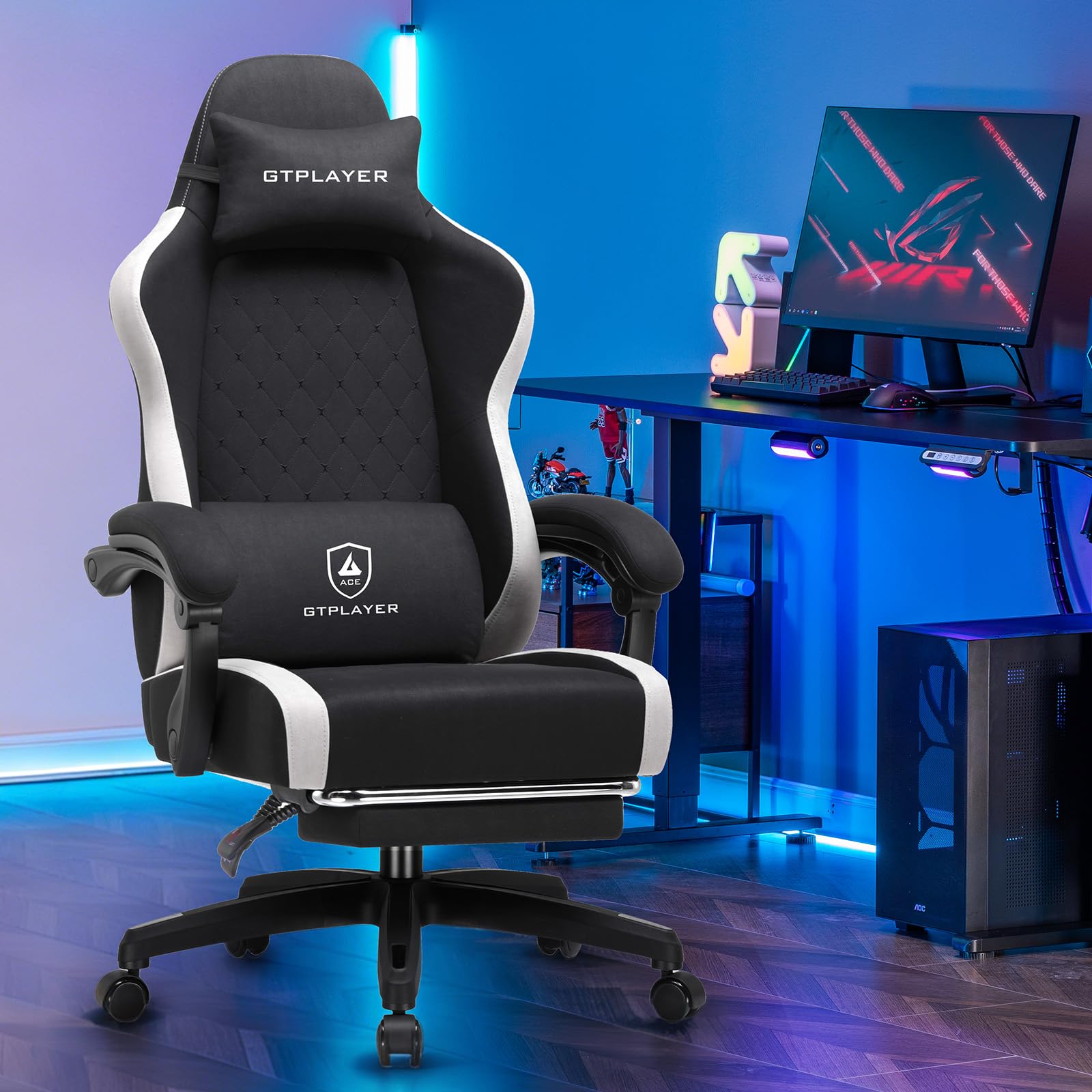 GTPLAYER Gaming Stuhl Ergonomischer, PC Stuhl Atmungsaktiver Stoff, Groß und Hoch Drehbarer Schreibtischstuhl mit Fußstütze,Verstellbare Lendenwirbelstütze und Kopfstütze,Schwarz