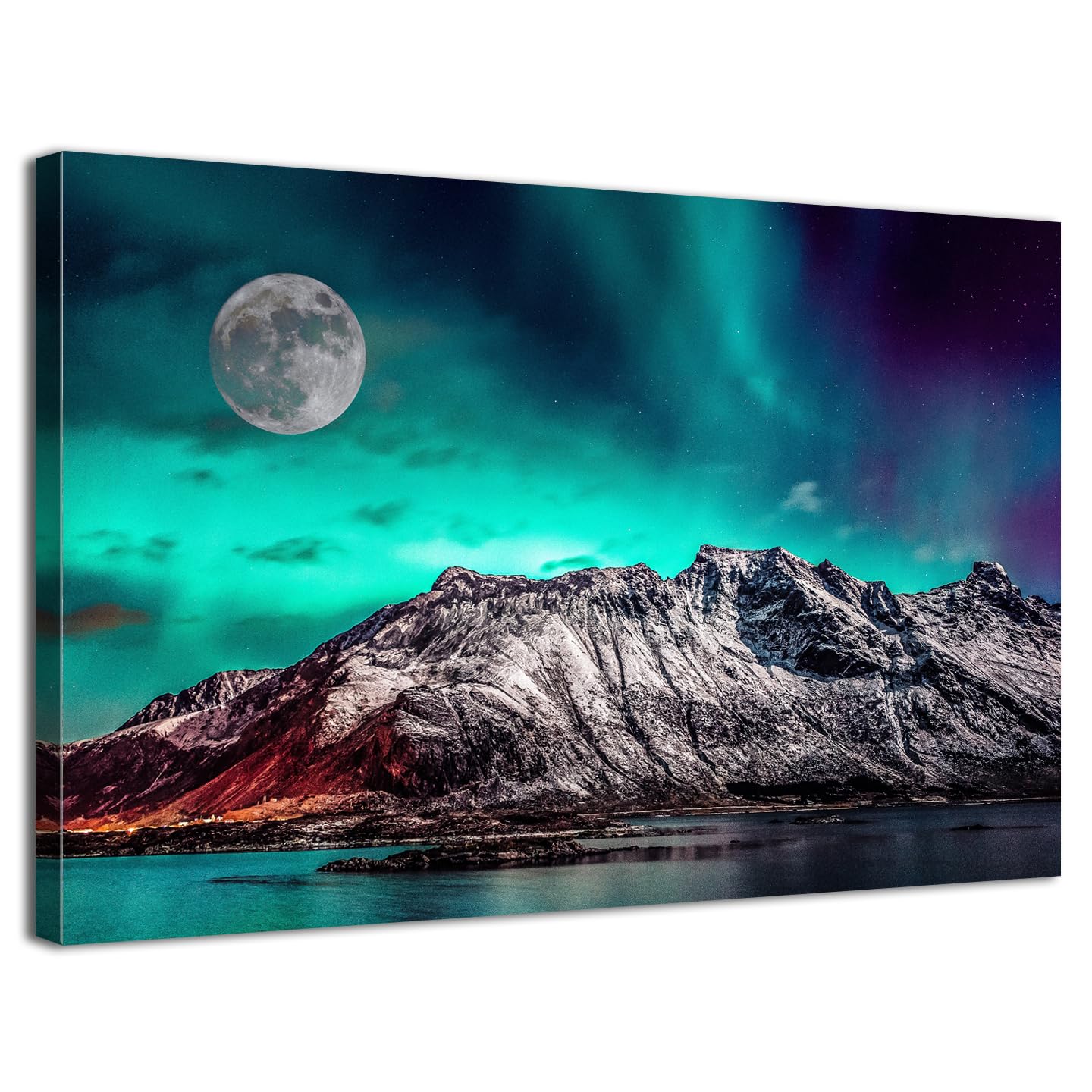 Northern Lights Wall Art for Living Room Grey Snow Mountain Wall Decor Full Moon Canvas Pictures Aurora Borealis Scenery Prints Painting Modern Artwork for Bedroom Office Home Decorations 12x16"