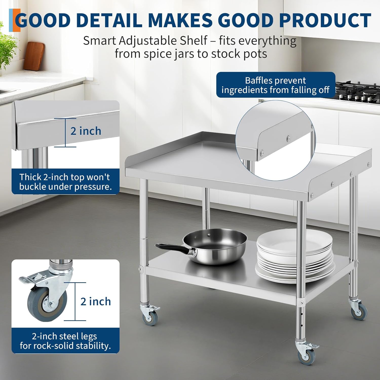 36-inch Heavy-Duty Stainless Steel Table on Wheels with Removable backsplash. A Versatile NSF Commercial-Grade cart for Kitchen, Garage, or Outdoor use.