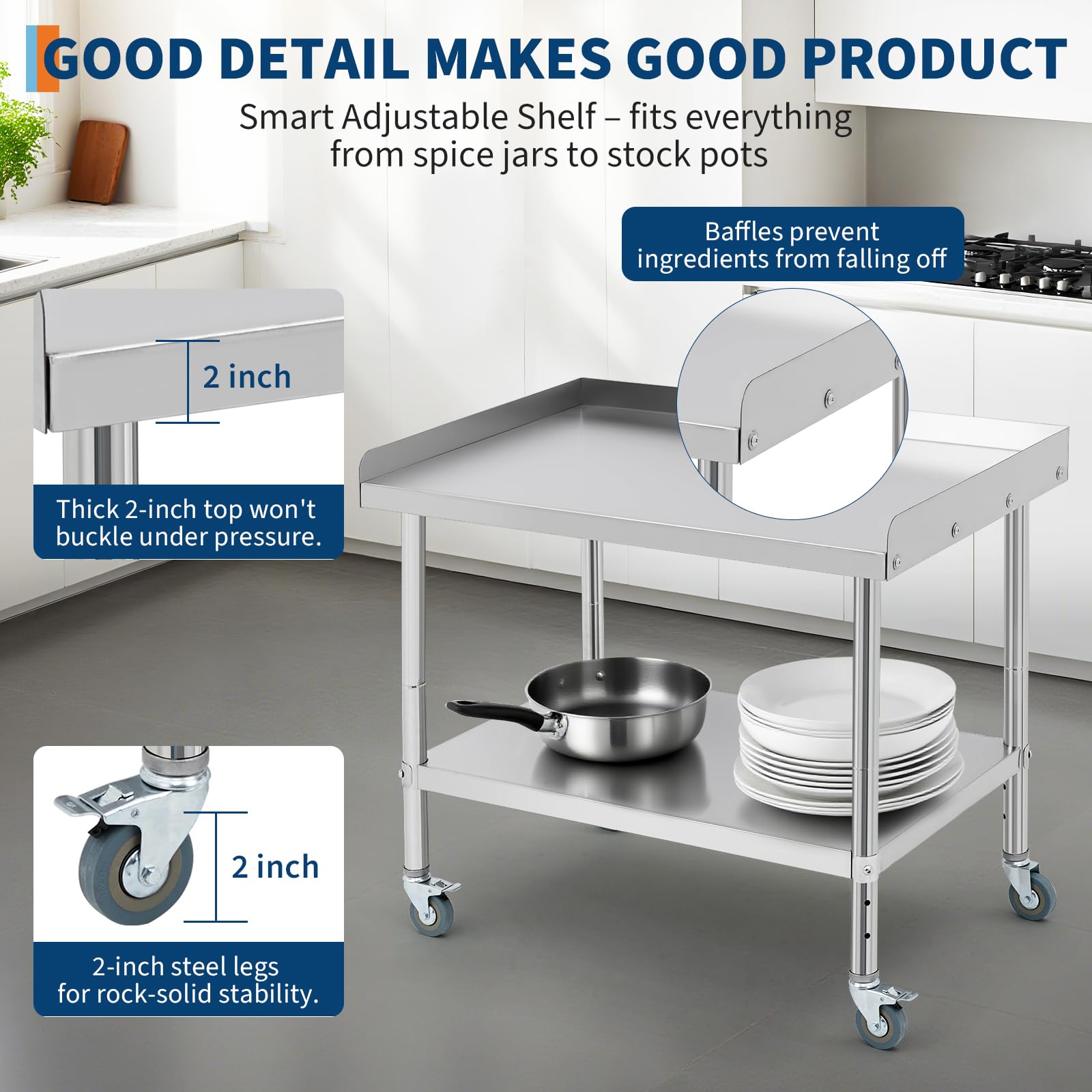 Tavolo carrello barbecue in acciaio inox certificato NSF - Ruote robuste, paraspruzzi rimovibile, altezza regolabile, uso multifunzione - Portata 400 kg - Per cucina, ristorante, garage