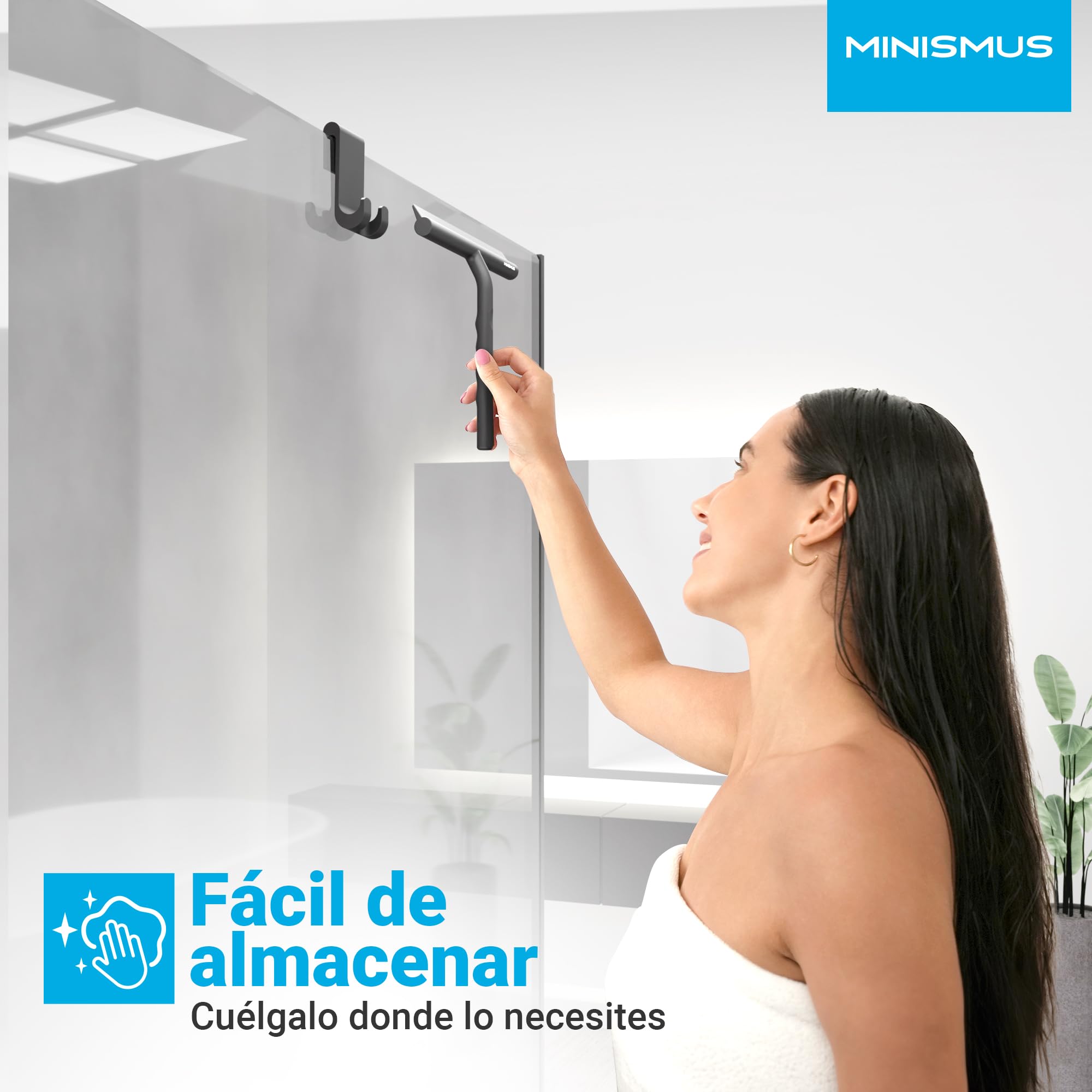 MINISMUS Rasqueta Limpiacristales Ducha - Silicona Limpia Cristales con Gancho - Limpiamamparas de Baño Espejos Limpia Vidrios Limpiar Ventanas, Mampara, Parabrisas - 21 cm, Negro