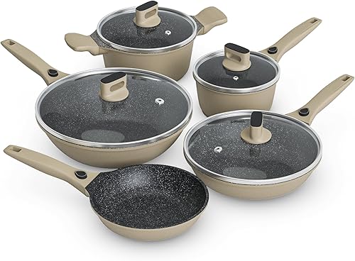 Wodillo Juego de utensilios de cocina antiadherentes, juego de 9 ollas y sartenes, mango desmontable, juegos de utensilios de cocina de inducción de