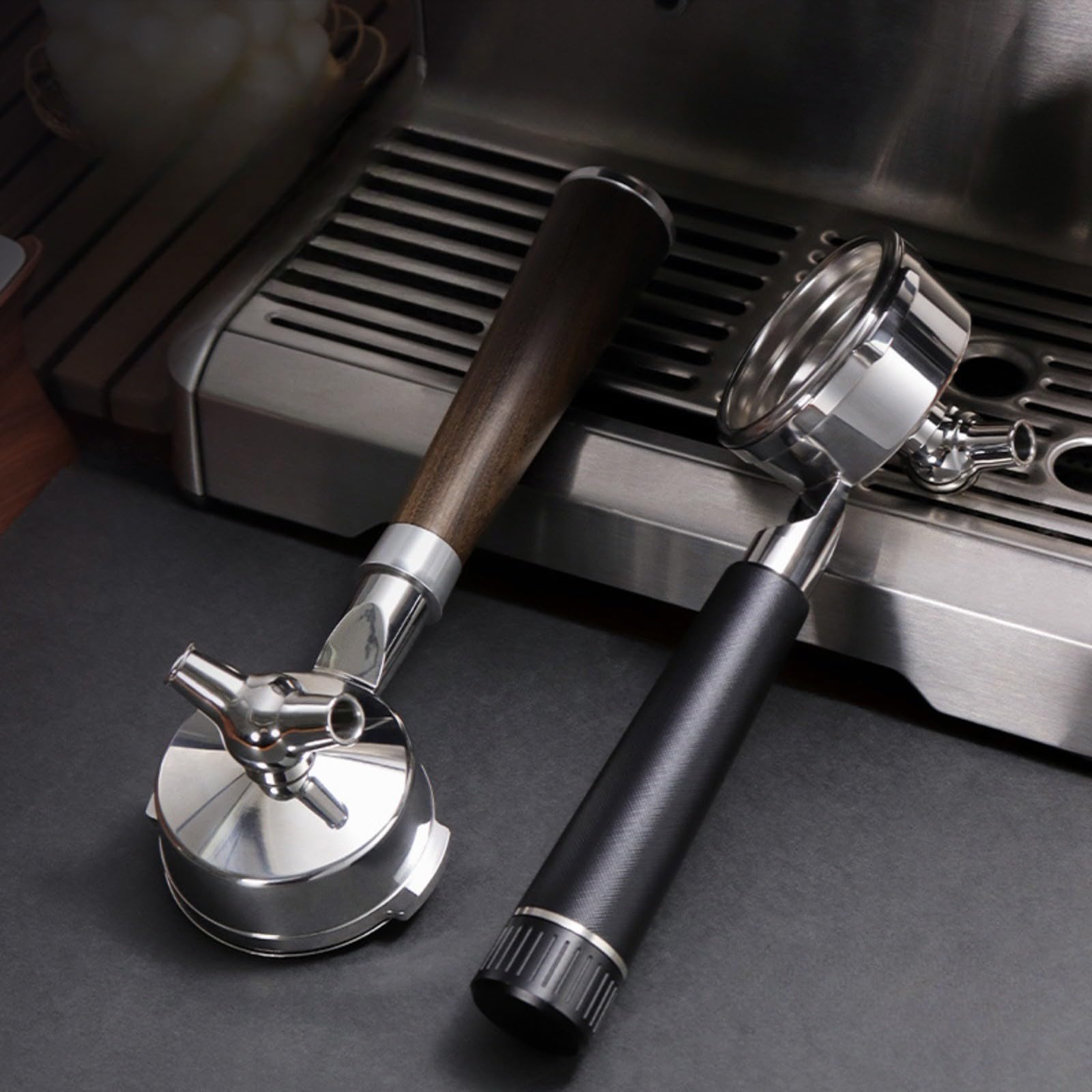 58 mm Kaffee-Siebträger für Breville 9 Serie mit Filterkorb, Espresso-Griff aus 304 Edelstahl, Holzgriff, leicht zu reinigen, abnehmbares Kaffeezubehör (A)