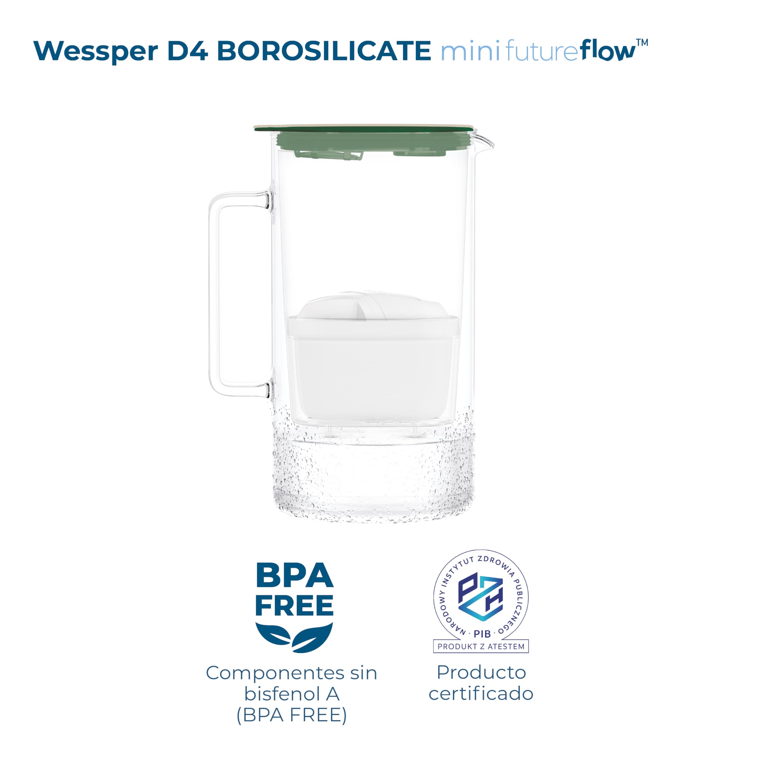 Wessper Jarra Filtradora de Agua con Contador LED, 2 Litros, Cristal Borosilicato, Jarra Compacta con 5 Filtros de Carbón Activo, sin BPA - Verde