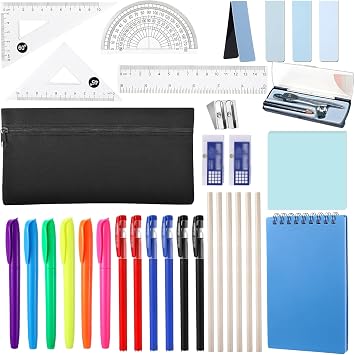 Stationery Set 30 Pcs, Stationery Supplies, School Supplies Kit with Pencil Case, Notepad, Highlighters, Pens, Pencils, Compass, Rulers, Erasers, Bookmark, Sticky Note, Sharpener
