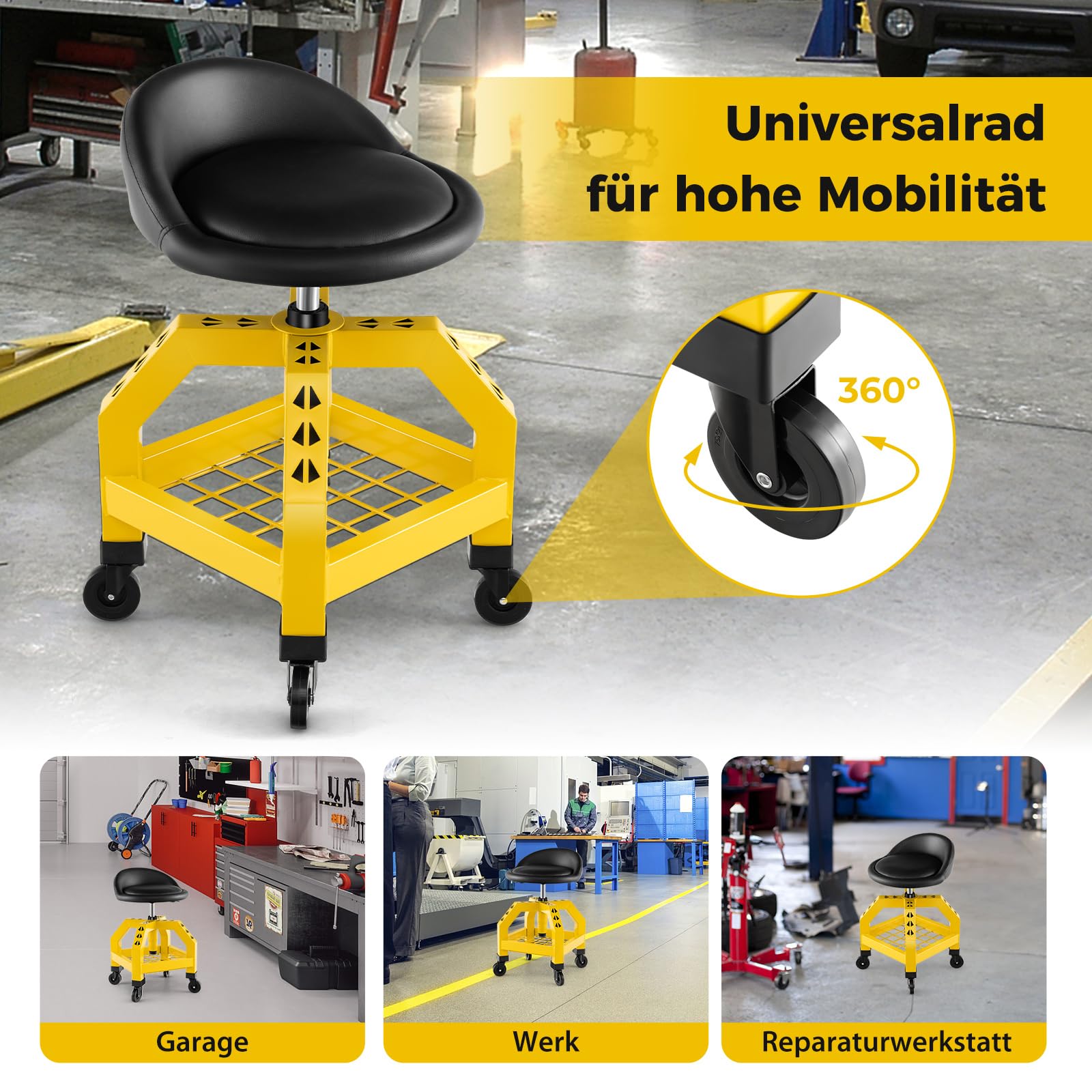 COSTWAY Werkstatthocker Höhenverstellbar, Werkstatt Rollhocker 150 kg Tragkraft mit Werkzeugablage, Werkstattstuhl Rollsitz für Fabrik, Garage, Werkstatt (Gelb)