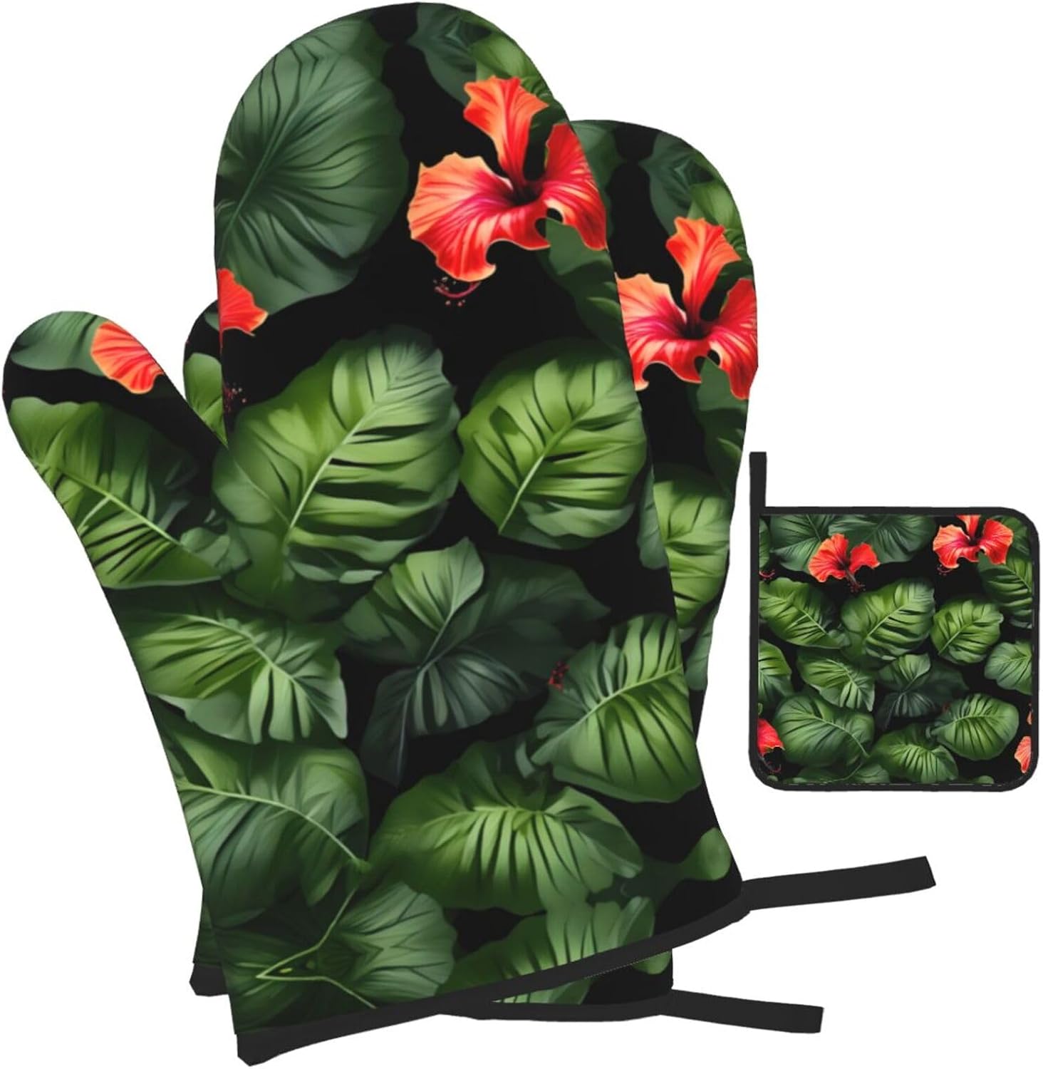 Tropical Flowers and Foliage Print Heat Resistant Microwave Gloves, Used for Baking, Cooking, and Fashion Kitchen Essentials