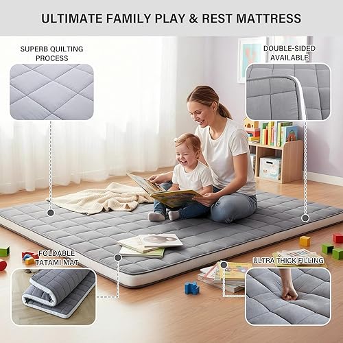 Miniatura 2 de Tiita Colchón de futón plegable de 4 pulgadas de grosor con bolsa y correa, tapete de cama para invitados, tumbona y tabel, gris, tamaño Queen