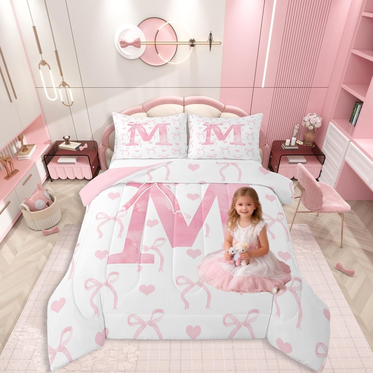 Erosebridal Cartoon Bowknot Twin Size Comforter Set, Kawaii Pink Bow Bedding Set for Kids Girls Women Princess Room Decor, Girly Initial Letter M Bow Comforter, Cute Love Heart Quilt
