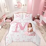Cartoon Bowknot Twin Size Comforter Set, Kawaii Pink Bow Bedding Set for Kids Girls Women Princess Room Decor, Girly Initial Letter M Bow Comforter, Cute Love Heart Quilt