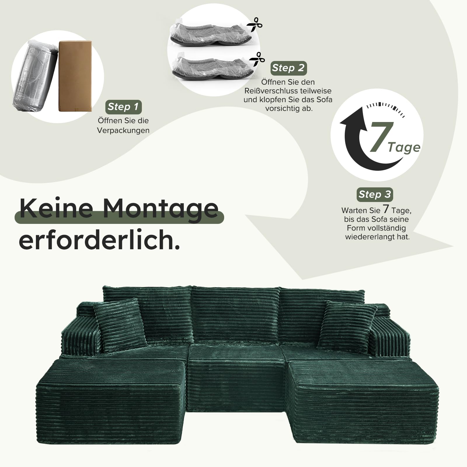 Modulares U-Form Sofa 262cm - Cloud Couch ohne Montage - Boneless Schlafsofa mit High Resilience Schaumstoff - Modernes Ecksofa für Wohnzimmer und Gästezimmer, Grün