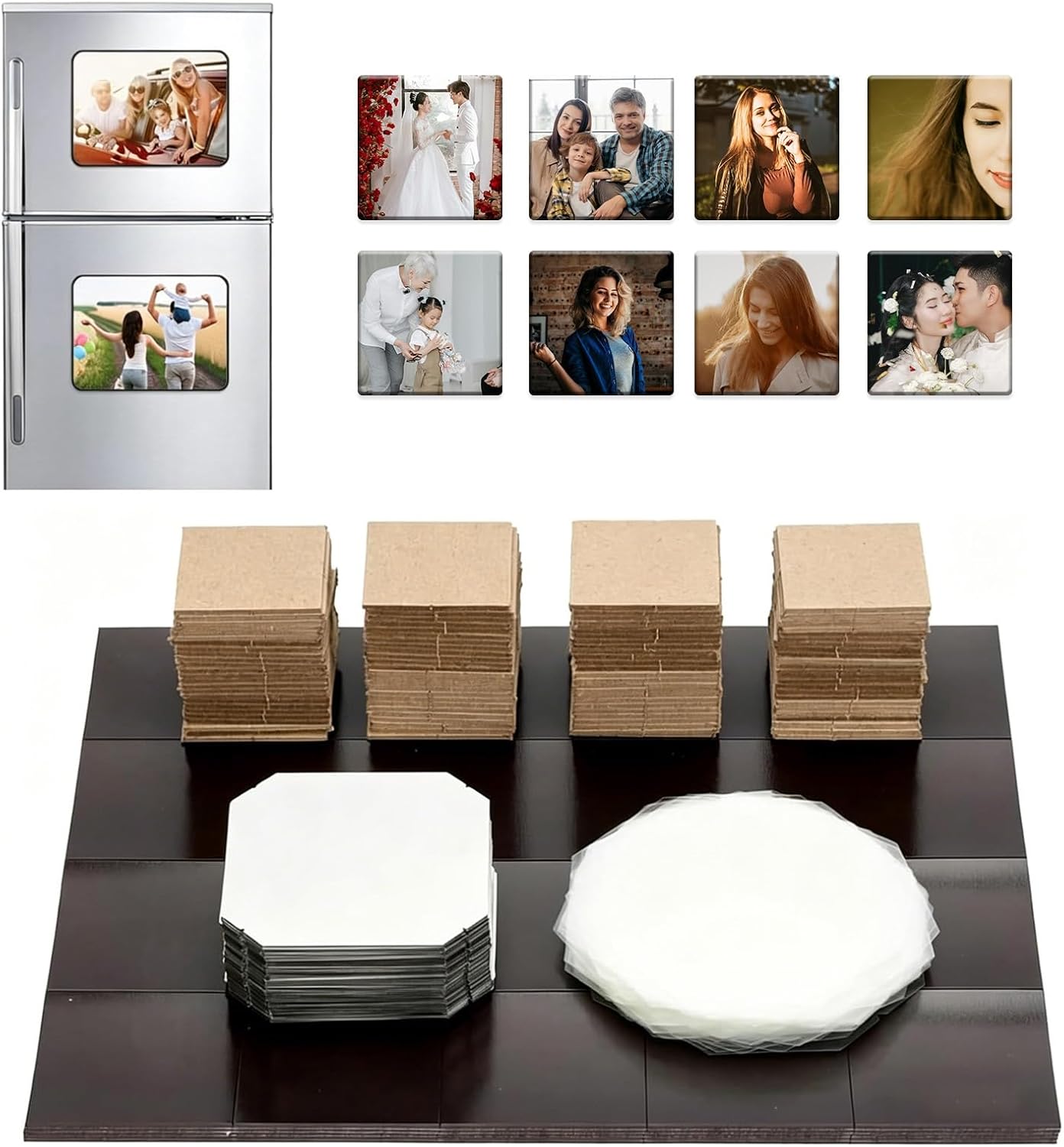 Square Magnet Maker Supplies Kit, 2.25 Inch DIY Photo Fridge Supplies Compatible with Magnetic Maker, Includes Rubber Magnets, Metal Shell, Mylar and Cardboard(1000pcs)