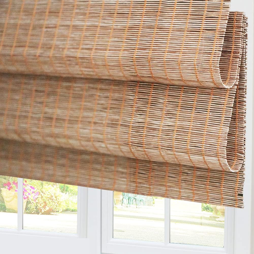 Cordless Blackout Bamboo Roman Shades, Light Filtering UV Protection Wooden Blinds with 6" H Valance, Custom Room Darkening Bamboo Roller Blinds for Windows, Doors, Porch， Color 3