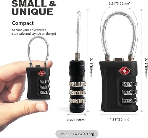 Miniatura 3 de Cerraduras de equipaje de cable aprobadas por la TSA, combinación reconfigurable con cuerpo de aleación, cerraduras negras 2