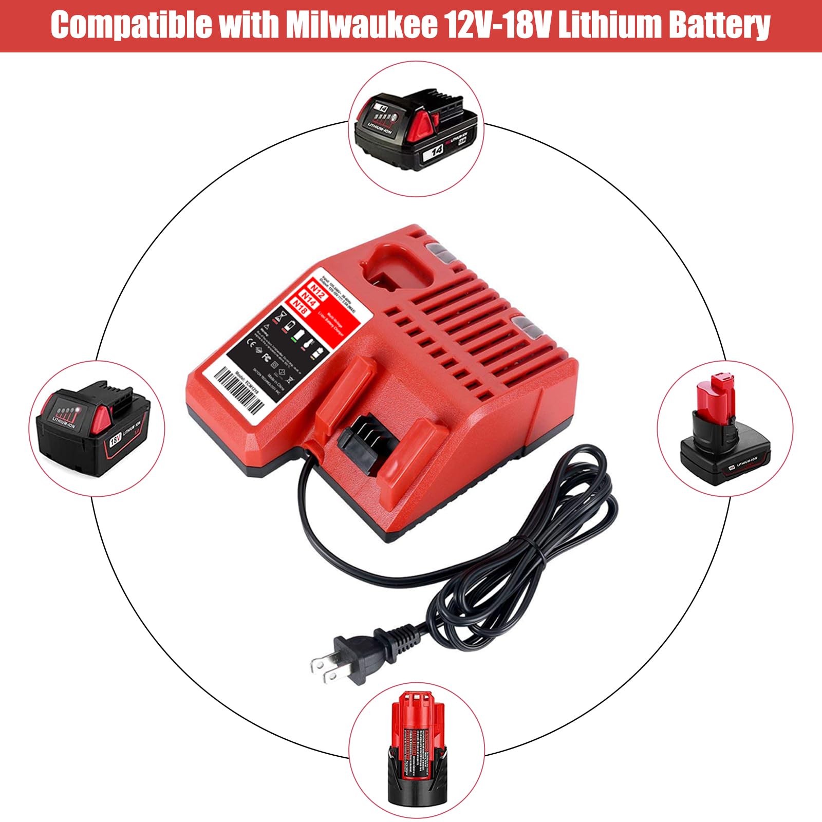 SKYON Caricabatterie di ricambio per caricabatterie rapido 48-59-1812, 18 V, 12 V, compatibile con caricabatterie Milwaukee M-12 M-18 48-11-1860 48-11-1850 48-11-1880 48-11-1840 -11-201.