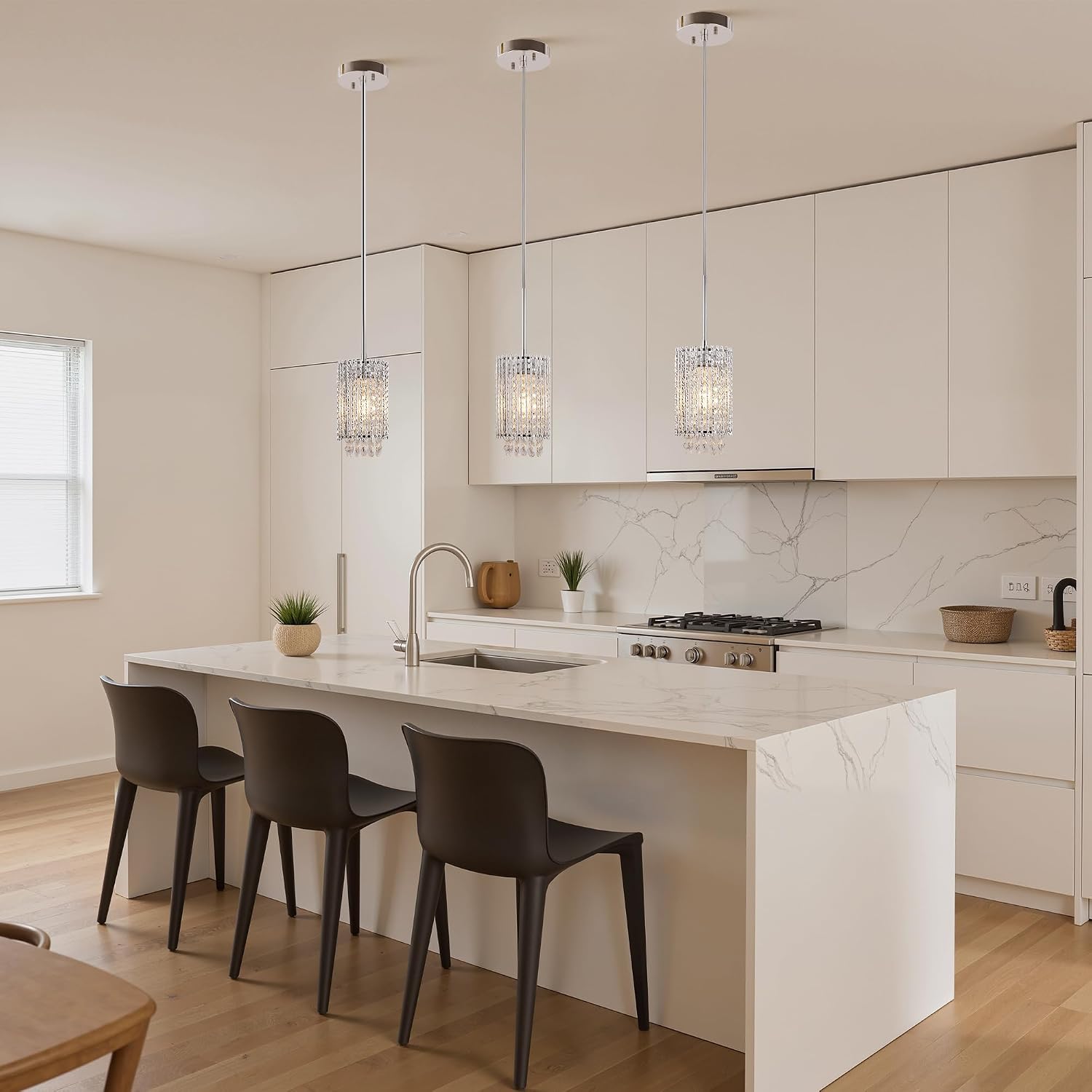 DORESshop Crystal Pendant Lights Kitchen Island Set of 3, 4.7" Chrome Crystal Chandeliers for Dining Room Light Fixtures, E26 Hanging Chandelier for Dining Room, Bedroom, Entryway