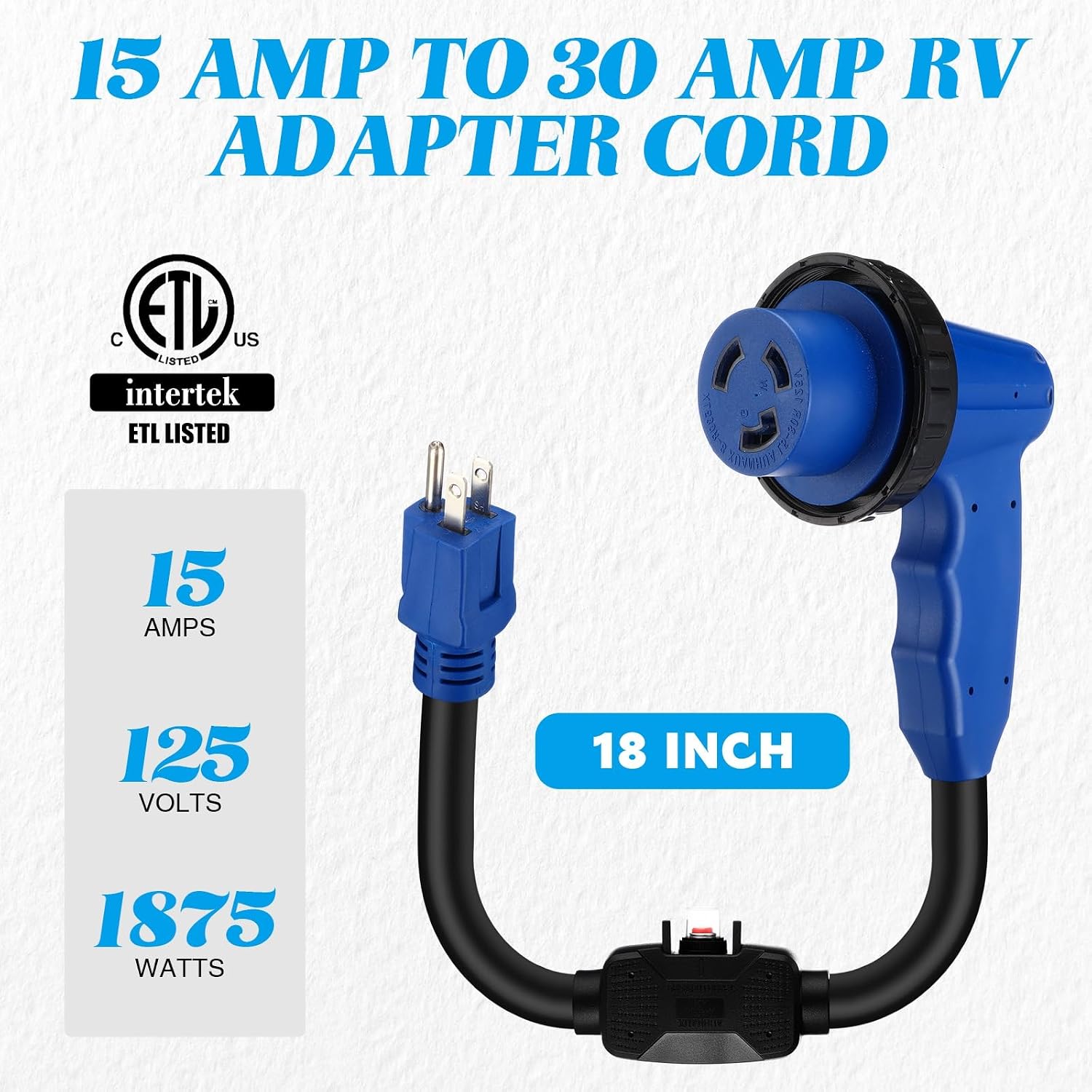 Kingdder Overload Protector 30 Amp to 110 RV Adapter Cord with Circuit Breaker, NEMA 5-15P to L5-30R Locking Electrical Adapter with LED Power Indicator Easy Grip Handle, 18 Inch, Blue, ETL Listed