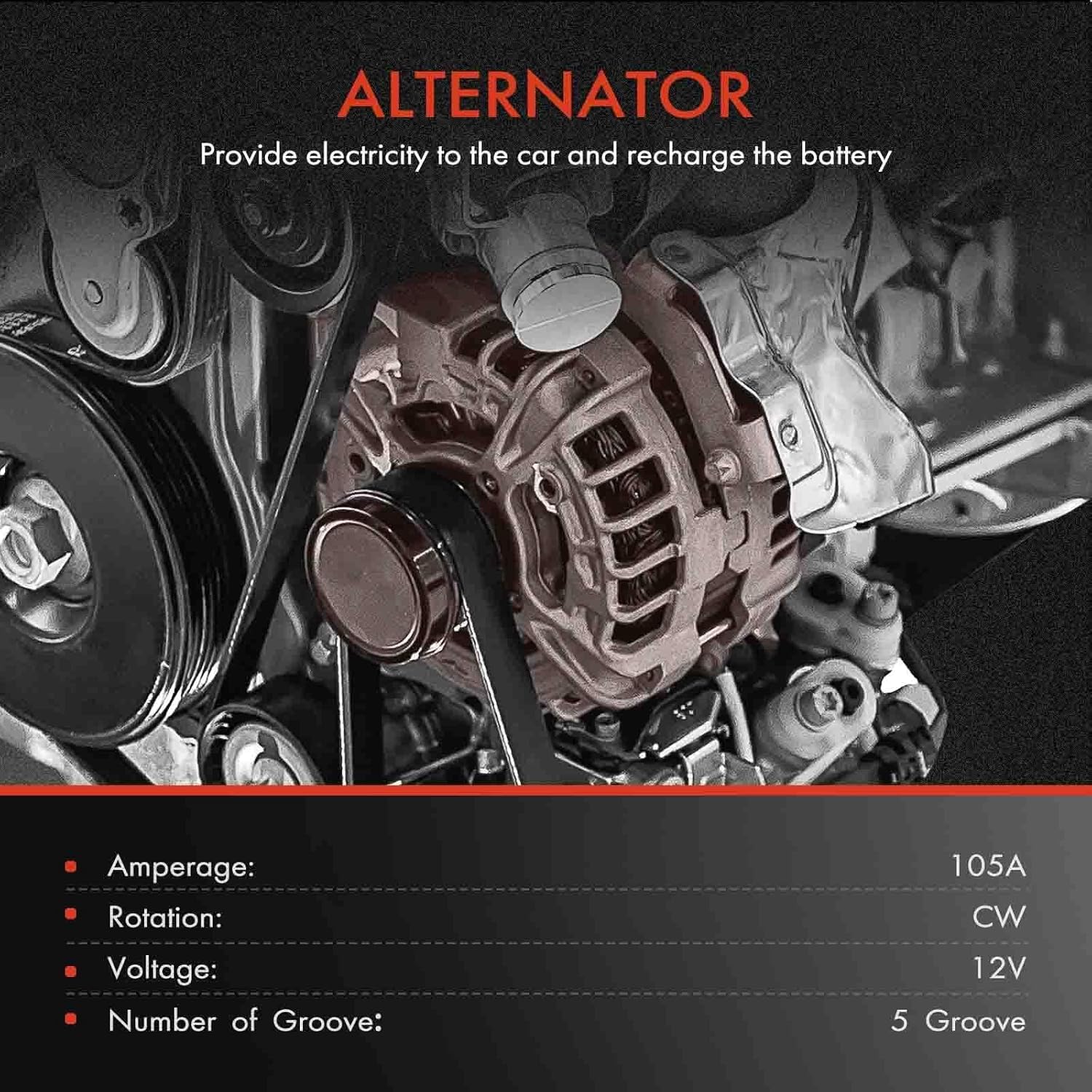A-Premium Alternator Compatible with Chevrolet Malibu 2004-2005 2.2L, Cavalier 02-05, Classic 04-05 & Oldsmobile Alero 02-04 & Pontiac Grand Am, Sunfire & Saturn Ion, Vue, 105A 12V CW 5-Groove Pulley