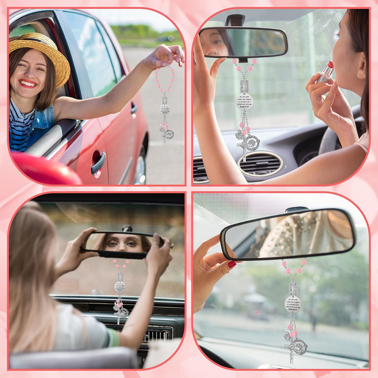 Quelay Car Rosary for Rearview Mirror Cross Car Charm Rosary for Mirror Hanging Psalm 91: 11 Bible Verse Charm Bracelets Religious Gifts New Driver Guardian Angel Gift for Women