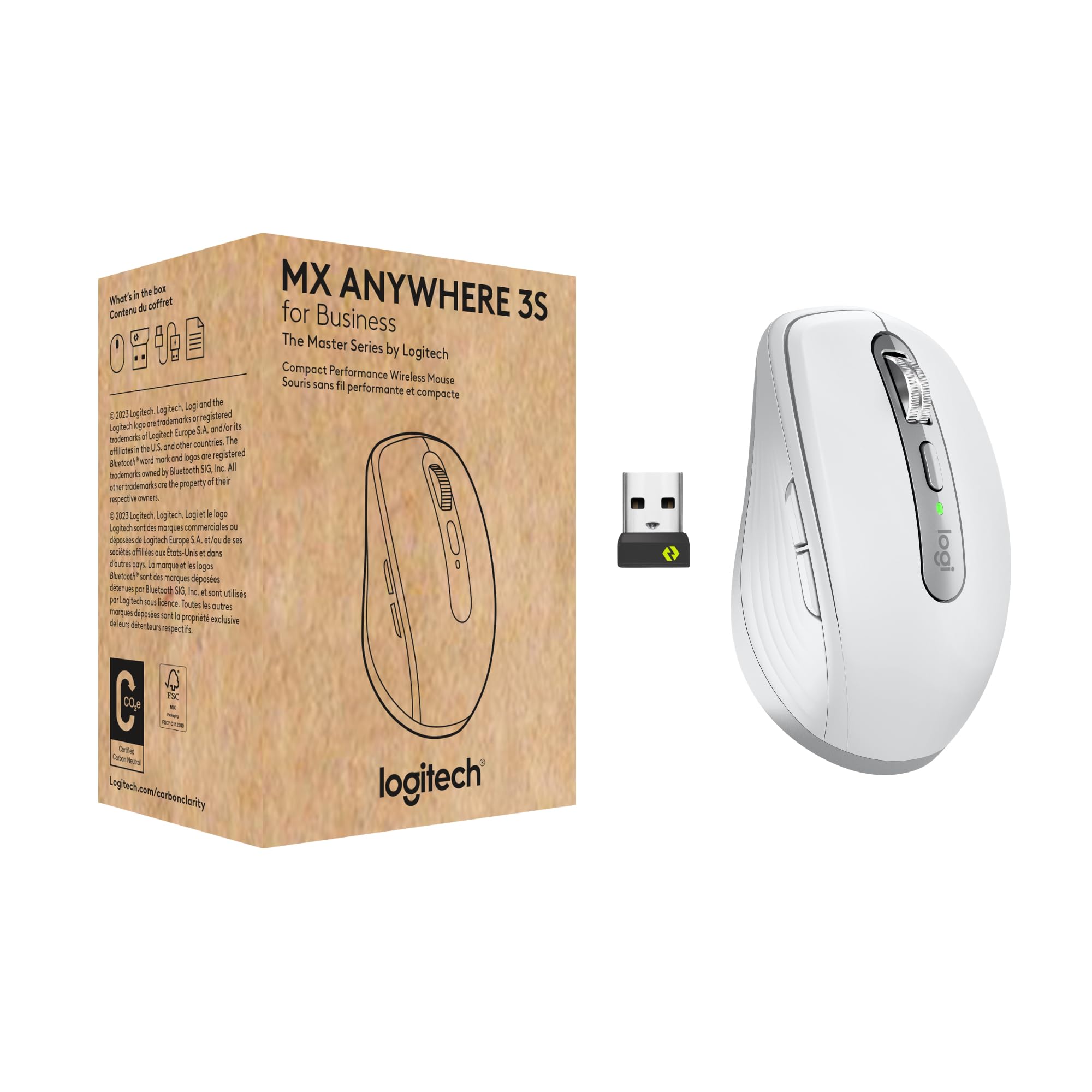 Logitech MX Anywhere 3S Kompaktowa Bezprzewodowa Myszka Mysz, Szybkie Przewijanie, 8K DPI, działa wszędzie, Quiet Clicks, Przyciski, USB C, Bluetooth, Windows PC, Linux, Chrome, Mac - Jasnoszary