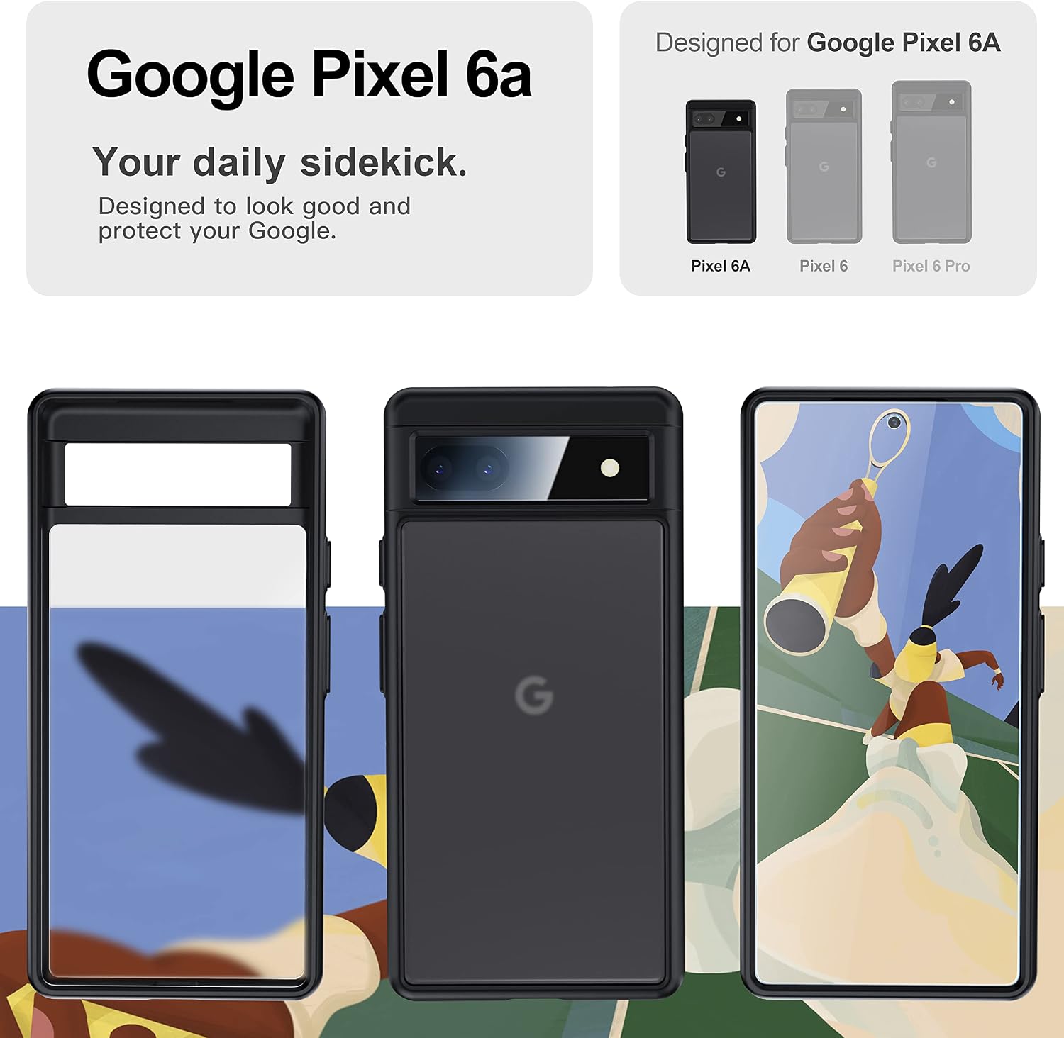 UniqueMe [3 in 1 Design for Google Pixel 6a Case, 2 Pack Camera Lens Protector,[Non-Yellowing] Matte Hard Back Shockproof Protective- Black