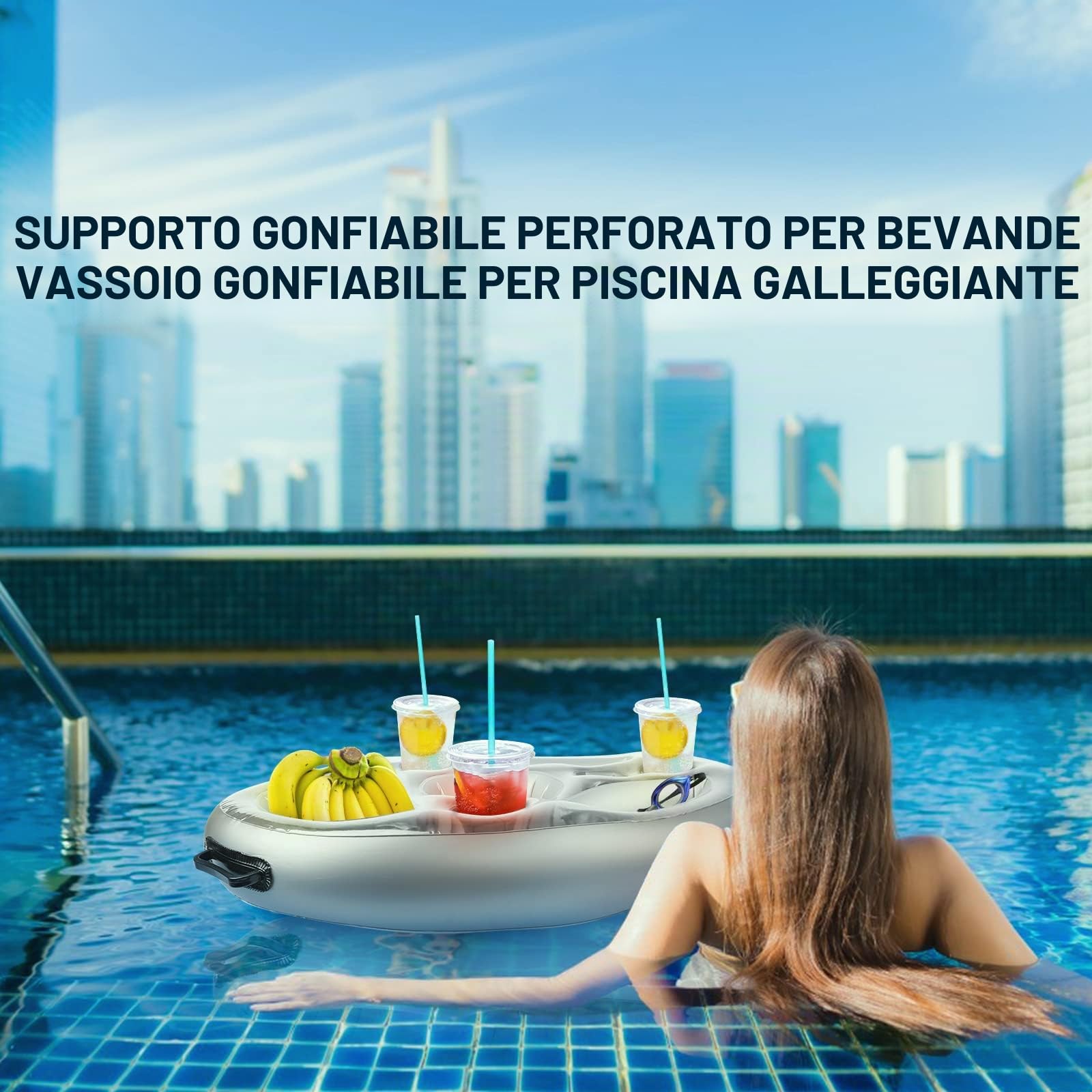 Yisscen Portabibite Gonfiabile Galleggiante, Portabevande 2-in-1 e Porta Snack Bar Piscina 8 Fori Sottobicchieri di Grande Capacità, Portabottiglie Gonfiabile Galleggiante Festa in Piscina Estiva