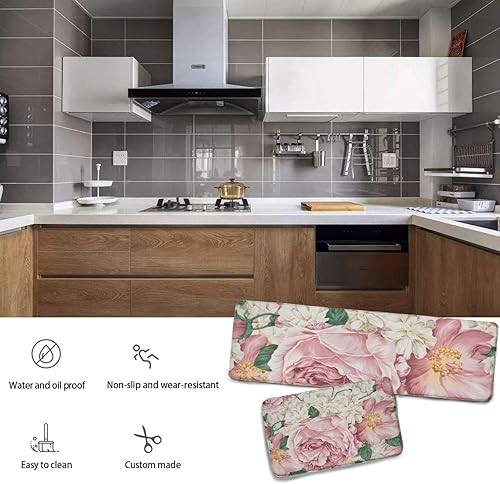 Miniatura 28 de Juego de 2 alfombras y tapetes de cocina, macetas rojas y blancas, antideslizantes, acolchados, lavables, 2 tapetes cómodos para cocina, lavandería