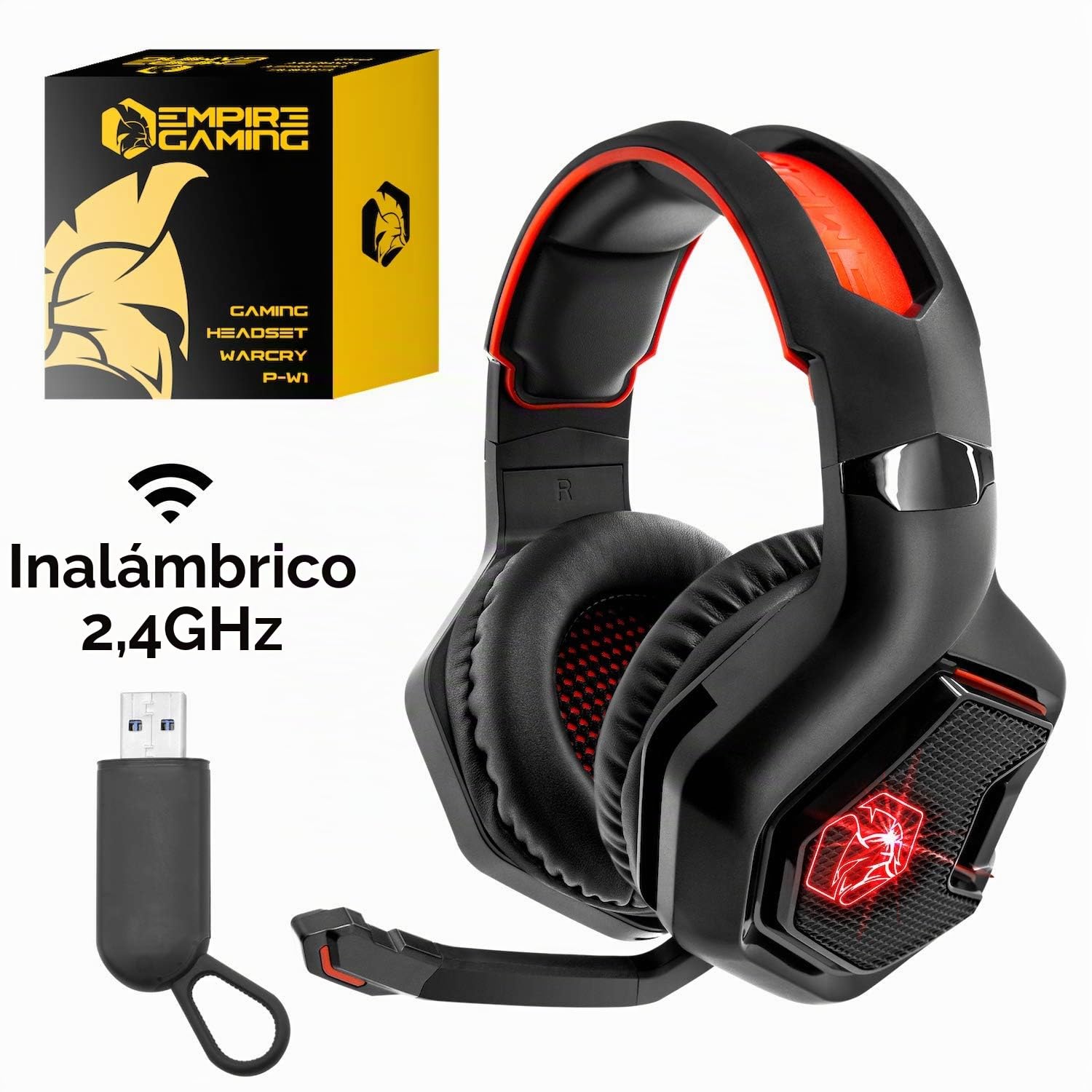 EMPIRE GAMING - WarCry P-W1 Cascos Auriculares Gaming Inalámbrico con Micrófono - PC/PS4/PS5/Xbox/Switch/Mac -2,4 GHz Wireless - Sonido Estéreo Surround -LED Roja