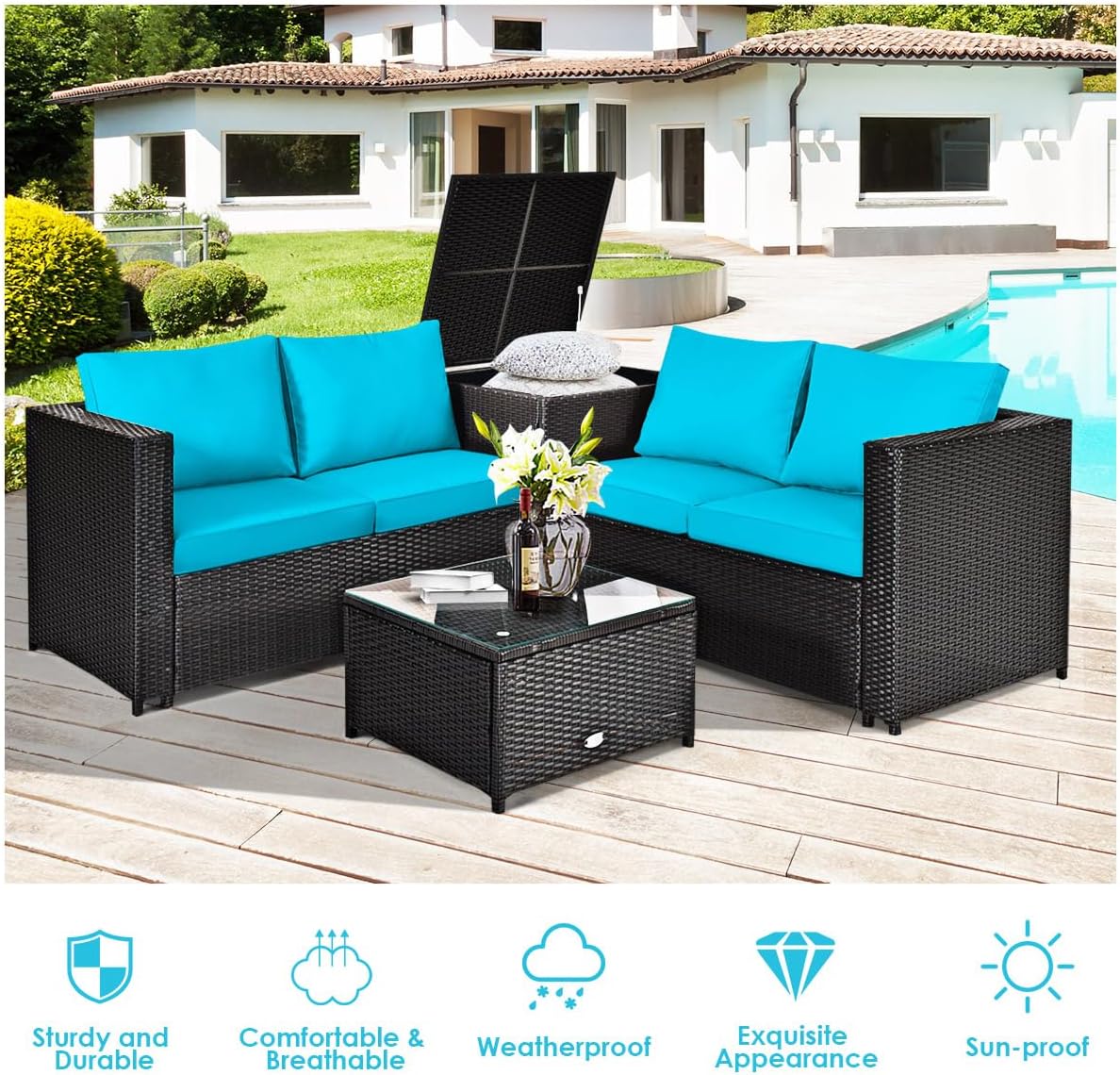 DORTALA 4 Pieces Outdoor Patio Furniture Set, Weather Resistant PE Rattan Conversation Set with 2 Loveseats, Outdoor Sectional Sofa Set with Comfy Cushions for Garden and Poolside, Turquoise