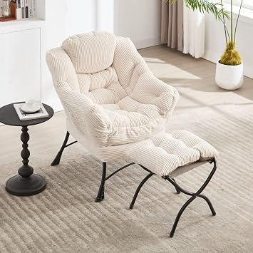 Steel Lazy Chair with Ottoman footrest, Soft Flannelette Fabric, Steel Frame, Small Space Furniture, Upholstered Chair for Living Room Accent Chair with Ottoman Footrest - White