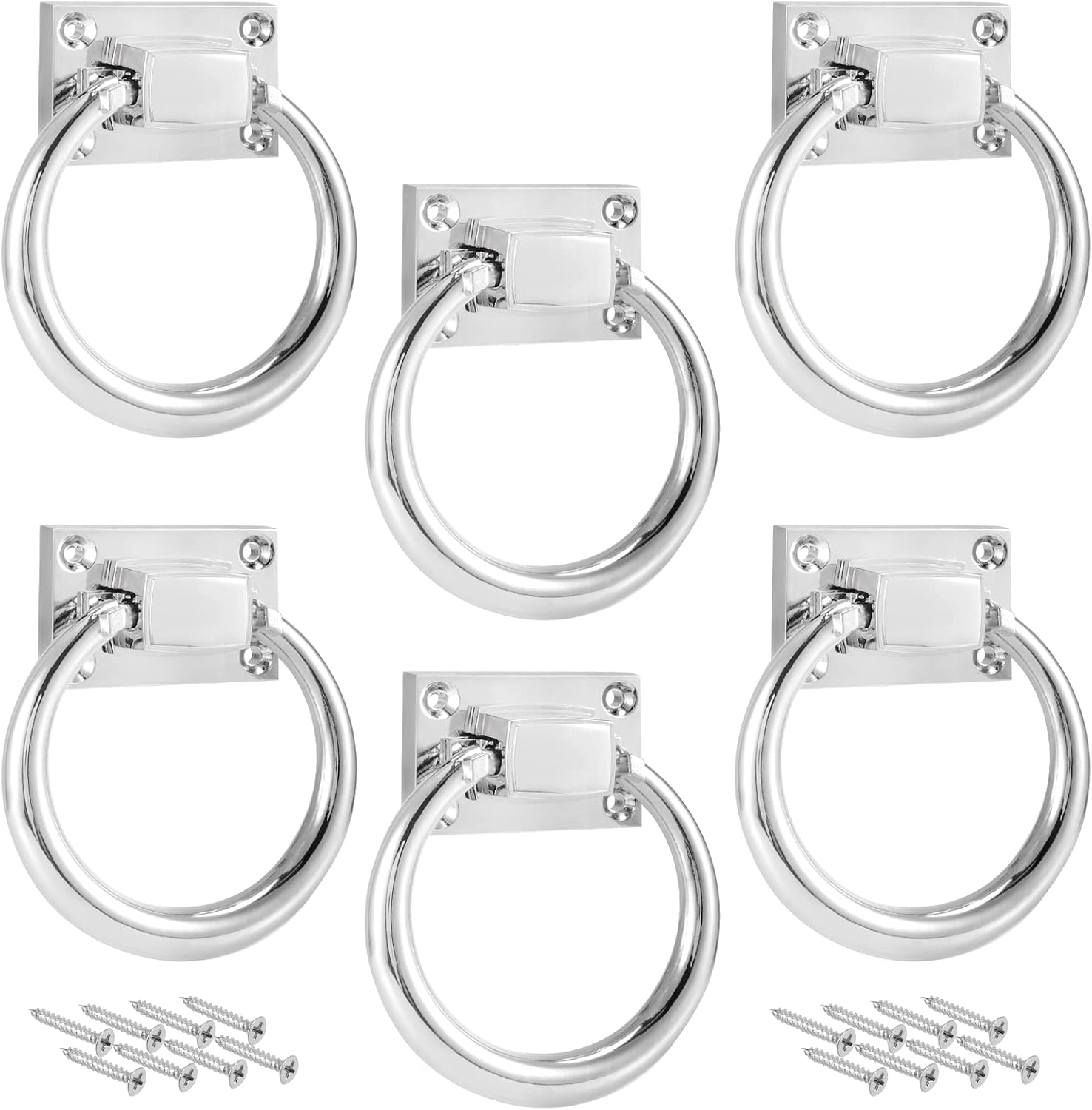 SHEUTSAN 6 Pack 80mm Drop Rings Pulls Handle, Modern Round Back Pulls Door Knocker with Screws for Chairs, Ottomans, Cabinets, Doors, Silver