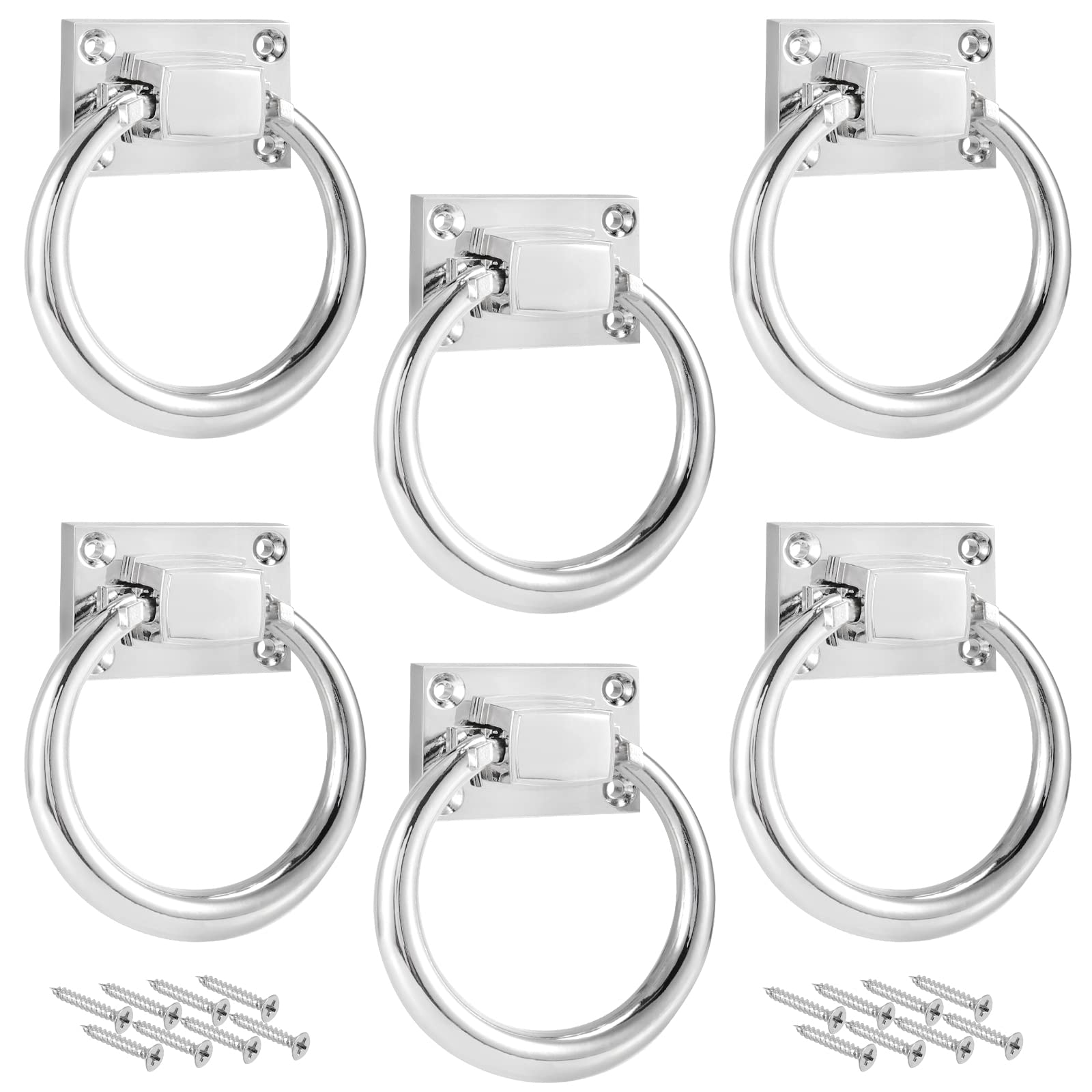 SHEUTSAN 6 Pack 80mm Chair Back Pulls Ring, Drop Rings Pulls Handle, Modern Round Chair Back Drop Pulls Handle Door Knocker with Screws for Chairs, Ottomans, Cabinets, Doors, Silver