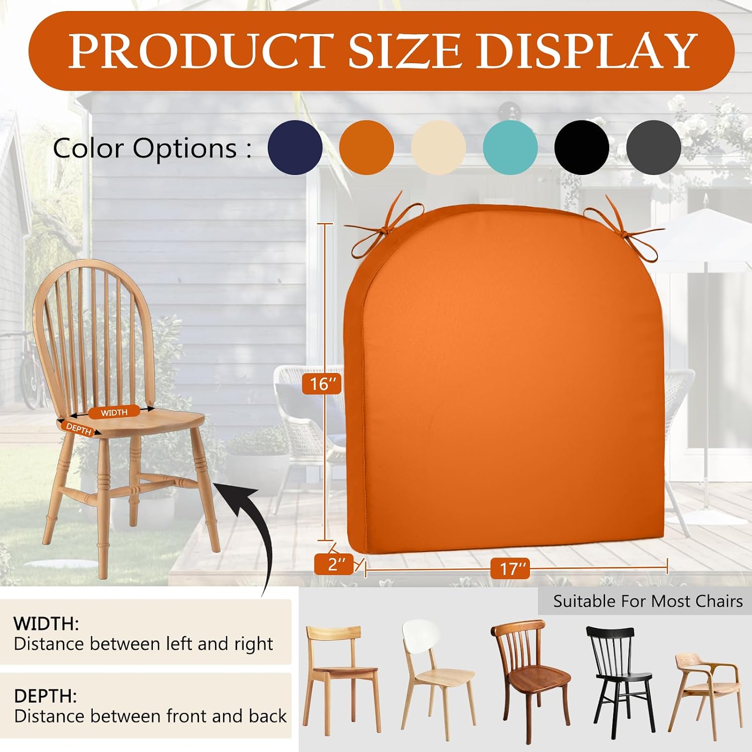 Outdoor Chair Cushions for Patio Furniture, 17X16X2” Patio Chair Cushions Set of 4, Waterproof Round Outdoor Seat Cushions with Non-Slip Bottom & Ties, Fade Resistant Chair Pads, Orange