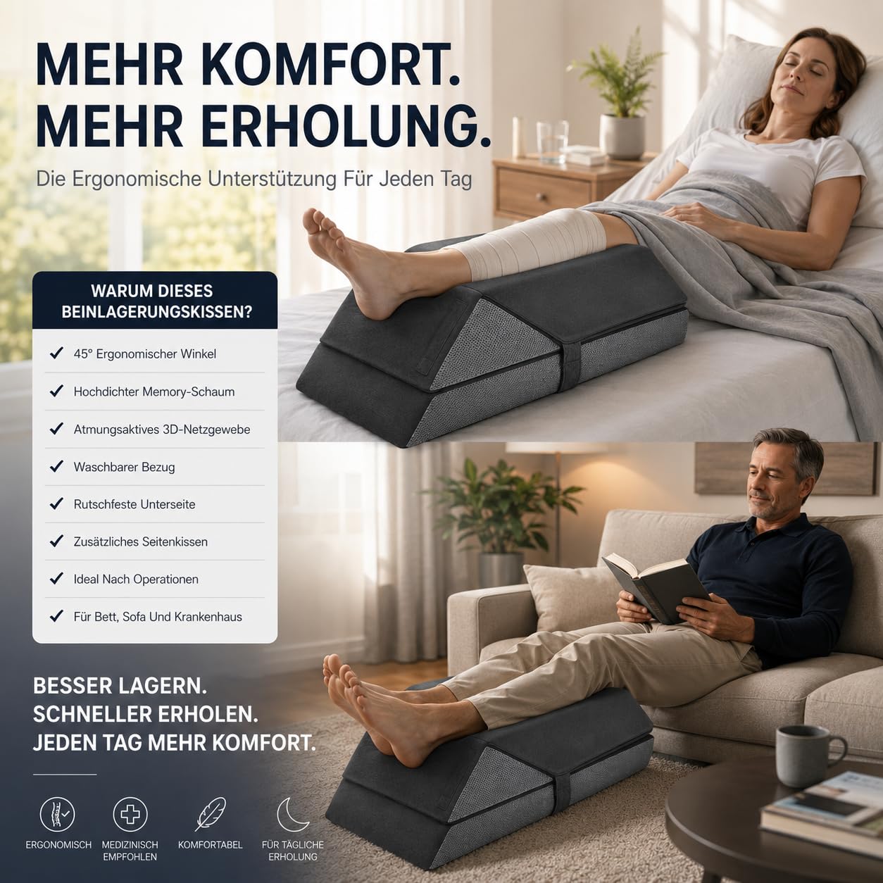 4-stufig höhenverstellbares Beinhochlagerungskissen mit herausnehmbarem Polster, atmungsaktiver 3D-Netzbezug, waschbar – für Post-Op, Beinschwellungen, Knie-OP, 4 Höhen (16-23 cm)