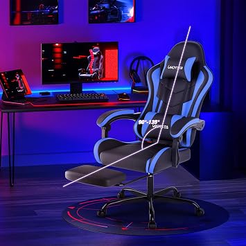 Gaming Chair with Footrest, Ergonomic Gaming Chair, Computer Chair with Lumbar Support, Head Rest, Height Adjustable PC Chairs with 360°-Swivel Seat for Office or Gaming, Black Blue