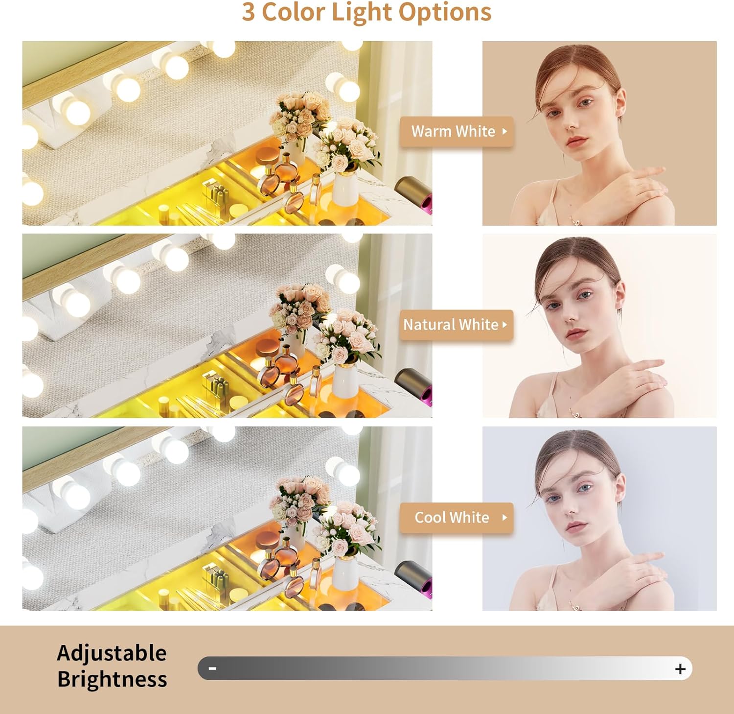 VOWNER Vanity with Mirror and Lights, 43" Makeup Vanity Desk with LED Light, Glass Top Vanity with RGB Drawers, 3 Color Lighting Modes Adjustable Brightness, Makeup Table for Bedroom, Marble