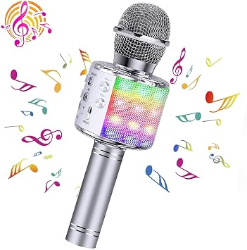 ShinePick Karaoke Wireless Microphone, 5 in 1 Recording & Singing Bluetooth Microphone for Kids Adults, Dancing LED Lights Portable Speaker Karaoke Machine for Phone/Pad/TV Sliver