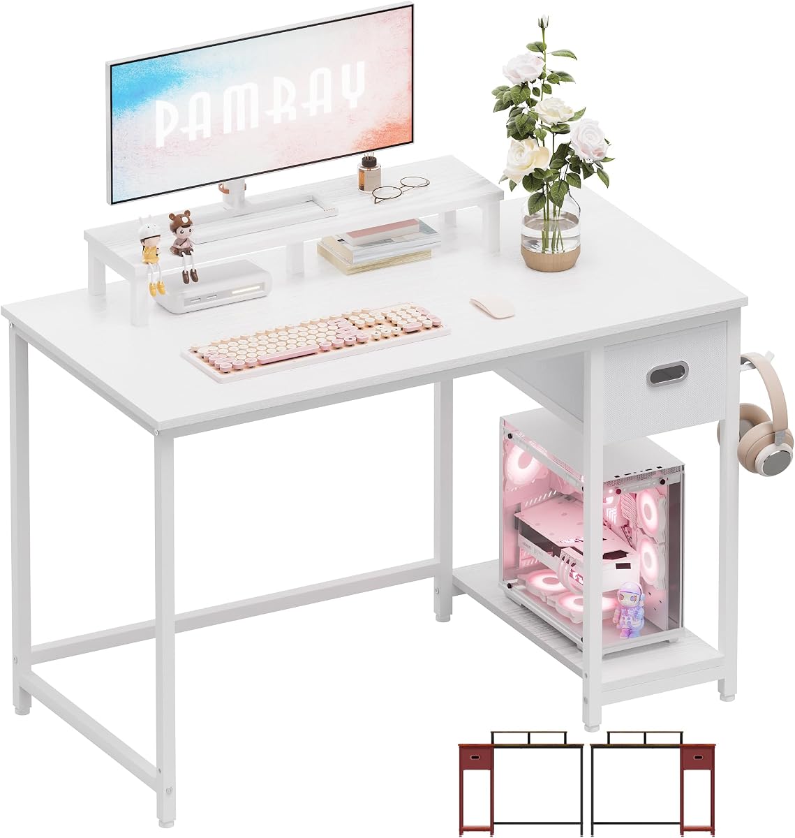 Pamray 39 Inch Small Computer Desk with Monitor Stand and Drawer for Gaming | Small Gaming Desk, for Bedroom Small Spaces, Home Office, Dorm and Apartment, for Writing, Study and Working