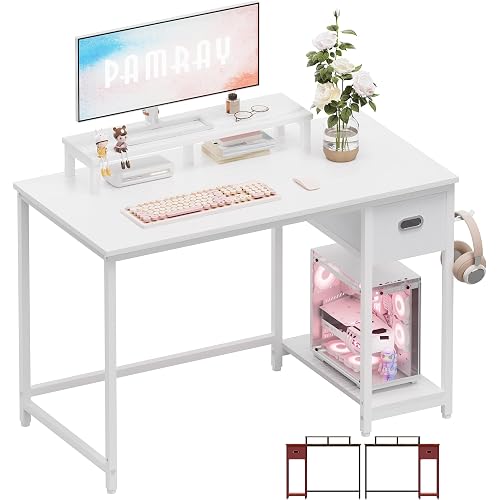 Pamray 39 Inch Small Computer Desk with Monitor Stand and Drawer for Gaming | Small Gaming Desk, for Bedroom Small Spaces, Home Office, Dorm and Apartment, for Writing, Study and Working